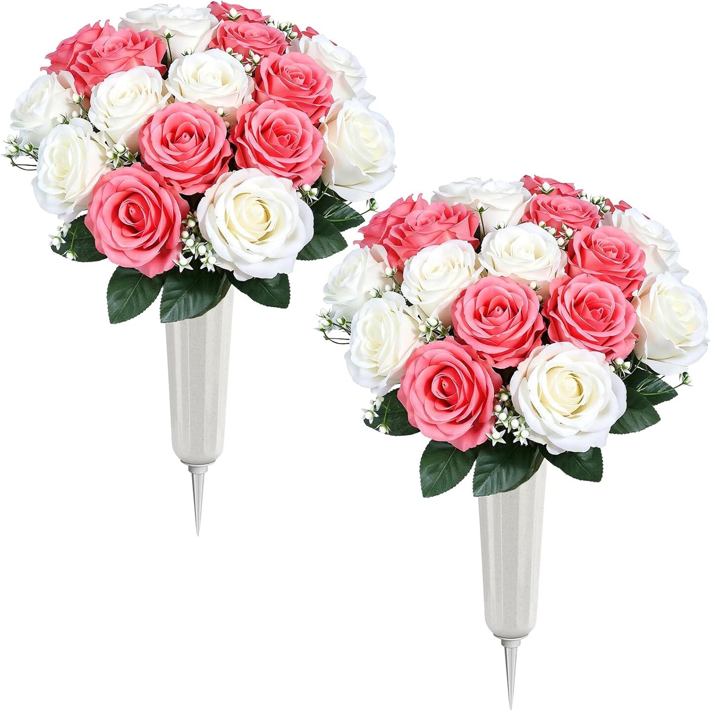 Artificial Cemetery Flowers with Vase, 2 Sets Outdoor Grave Decorations UV Resistant Silk Roses Bouquet Graveyard Memorial Day Flowers for Cemetery Headstones Decoration, White Pink