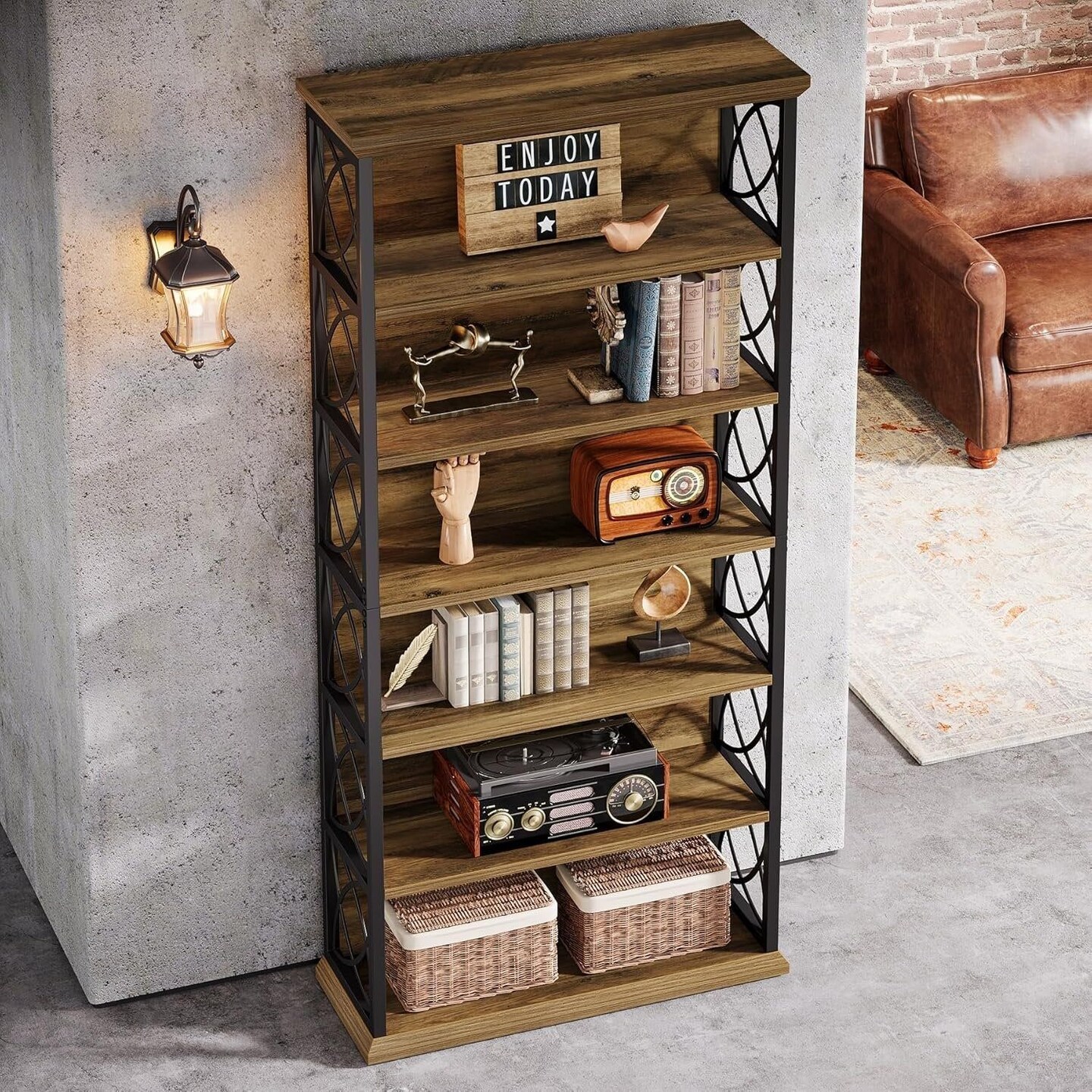 Industrial 6 Tier Bookshelf Rustic Brown Black Wood Metal Bookcase Storage Shelf Freestanding Display Rack 73 Inch