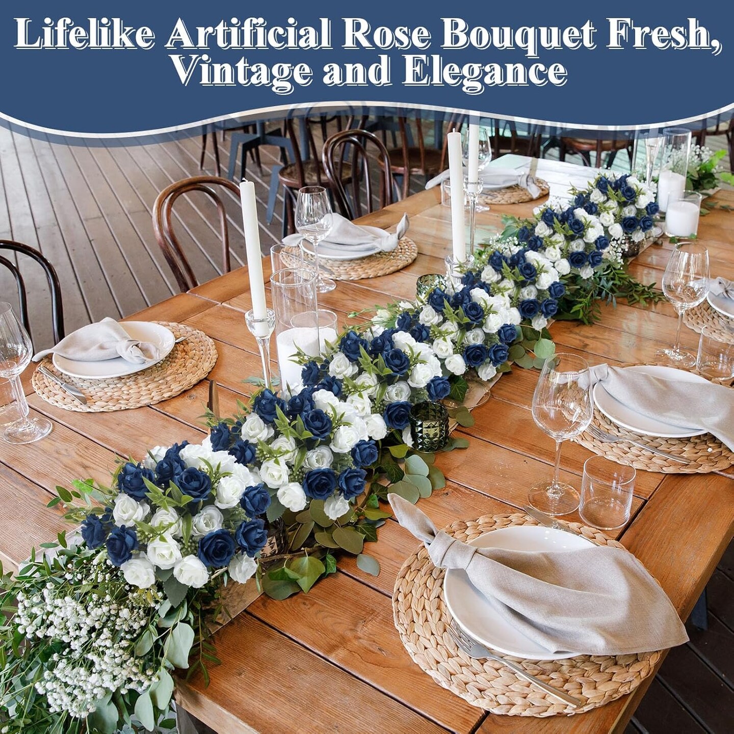 8 Pack 12 Inch Mini Navy Blue and White Artificial Roses Bouquet 80 Heads Fake Silk Roses with Long Stem Rose Flowers Bunches for Baby Shower Party Tables Decorations Cemetery Flowers