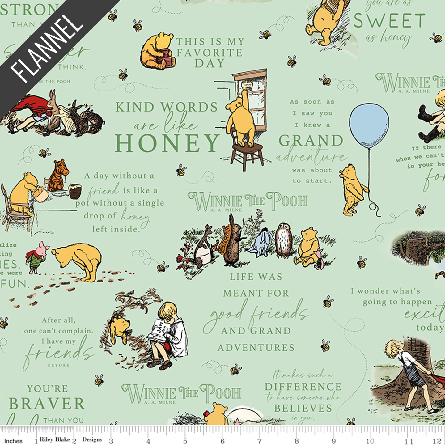 Winnie the Pooh Quotes Flannel in Green (f17502-green) | Designer Flannel | Riley Blake Designs | Riley Blake