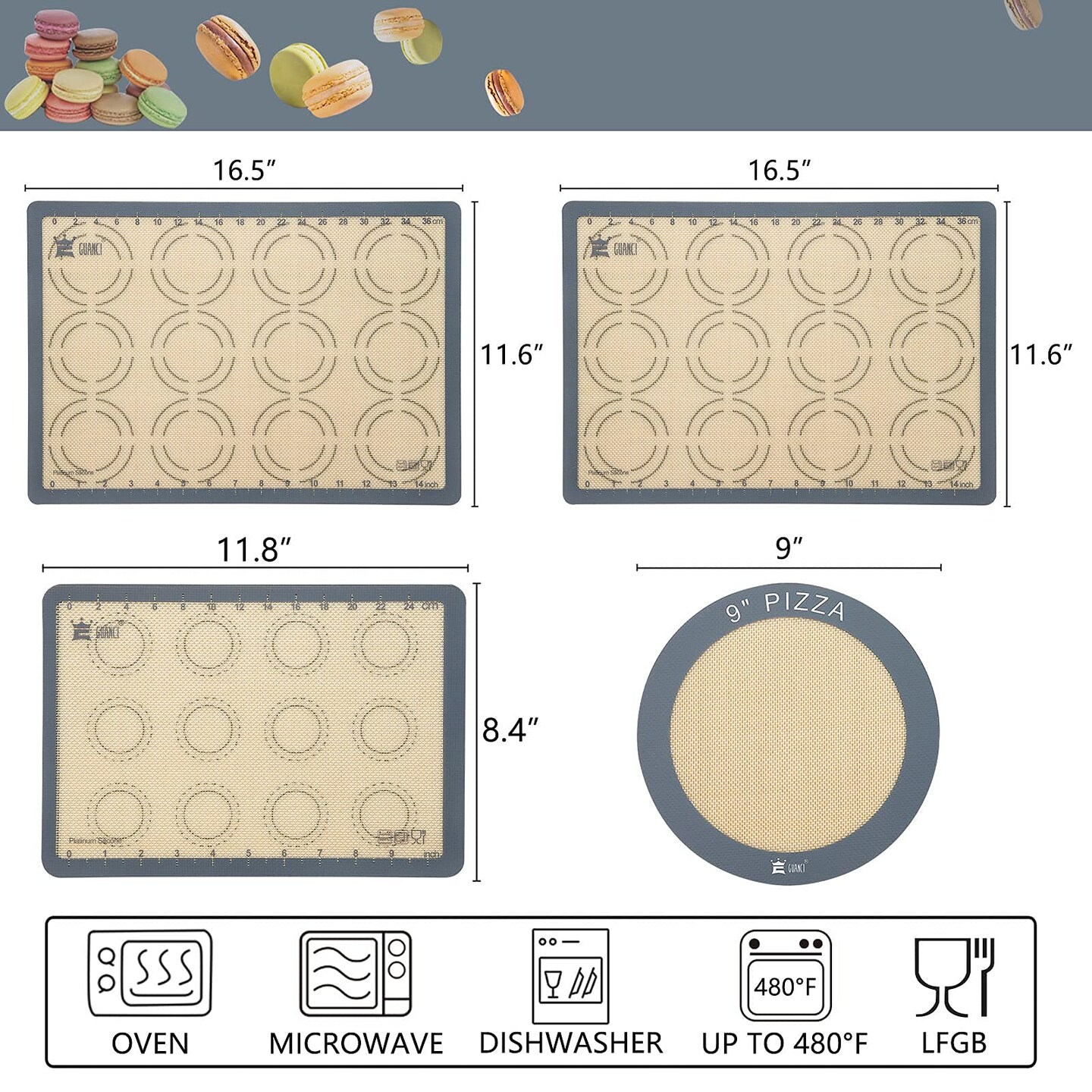 Silicone Baking Mat Set of 4, GUANCI Grade Food Baking mats Non-Stick Reusable Pizza Bakeware Mat for Making Macaroon, Pizza, Cookie, Pastry, Bread, Bun(Grey)