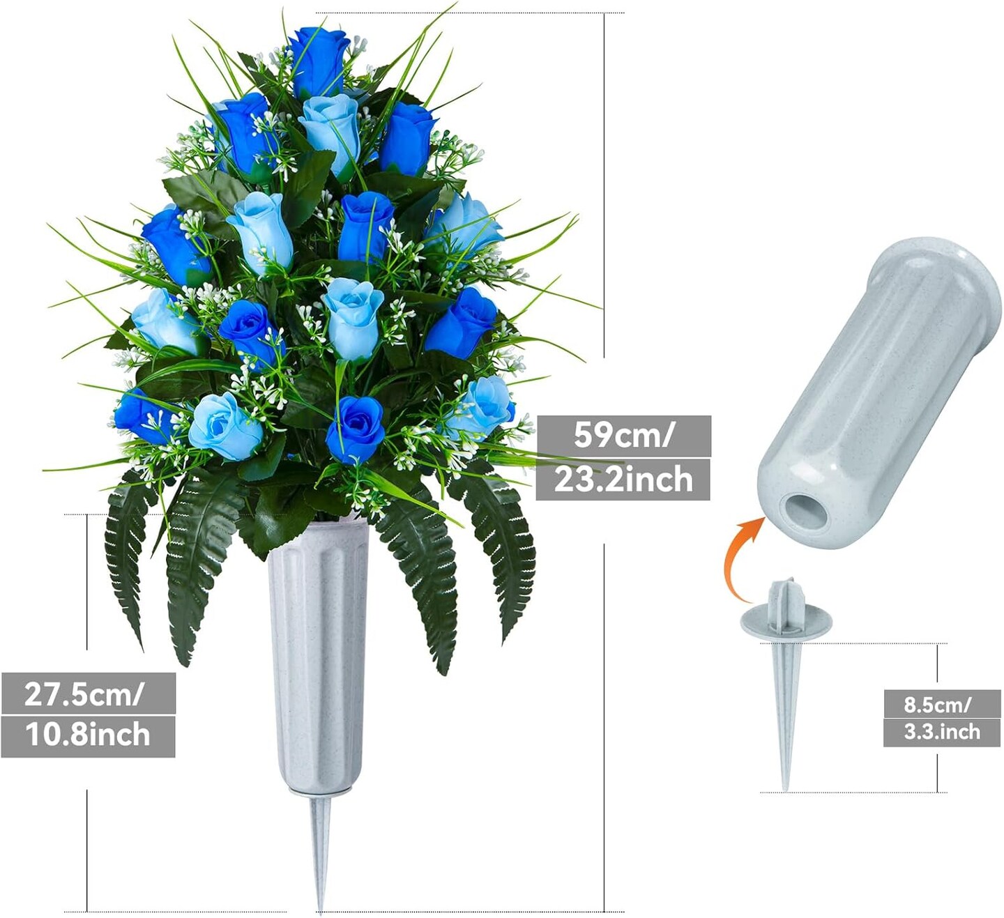 2 Sets Artificial Cemetery Flowers, Grave Decorations Roses, Memorial Flowers Bouquet with Vase for Grave Cemetery Decoration (Dark Blue&Light Blue)