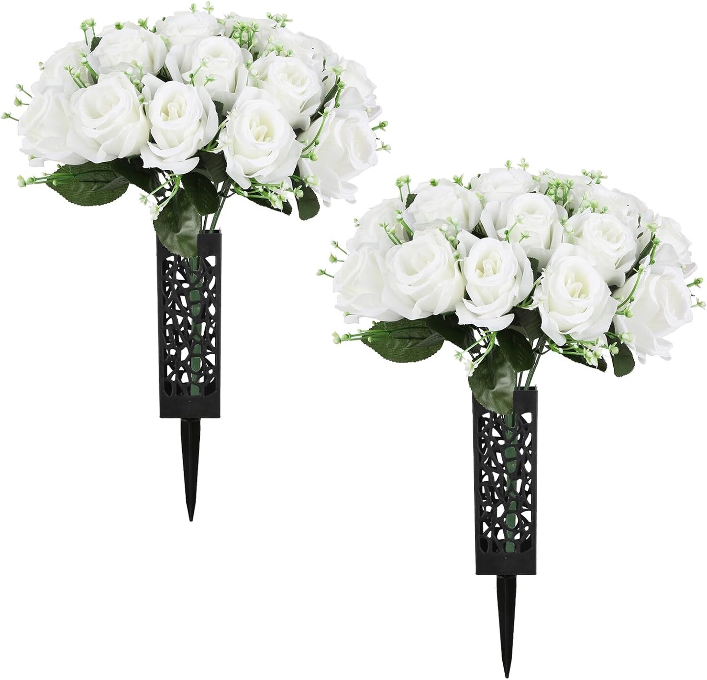 2 Sets Artificial Cemetery Flowers for Grave, Outdoor Roses Funeral Flowers with Cemetery Vase, Memorial Flowers Arrangements Bouquet Vibrant and Long-Lasting Colors(White)