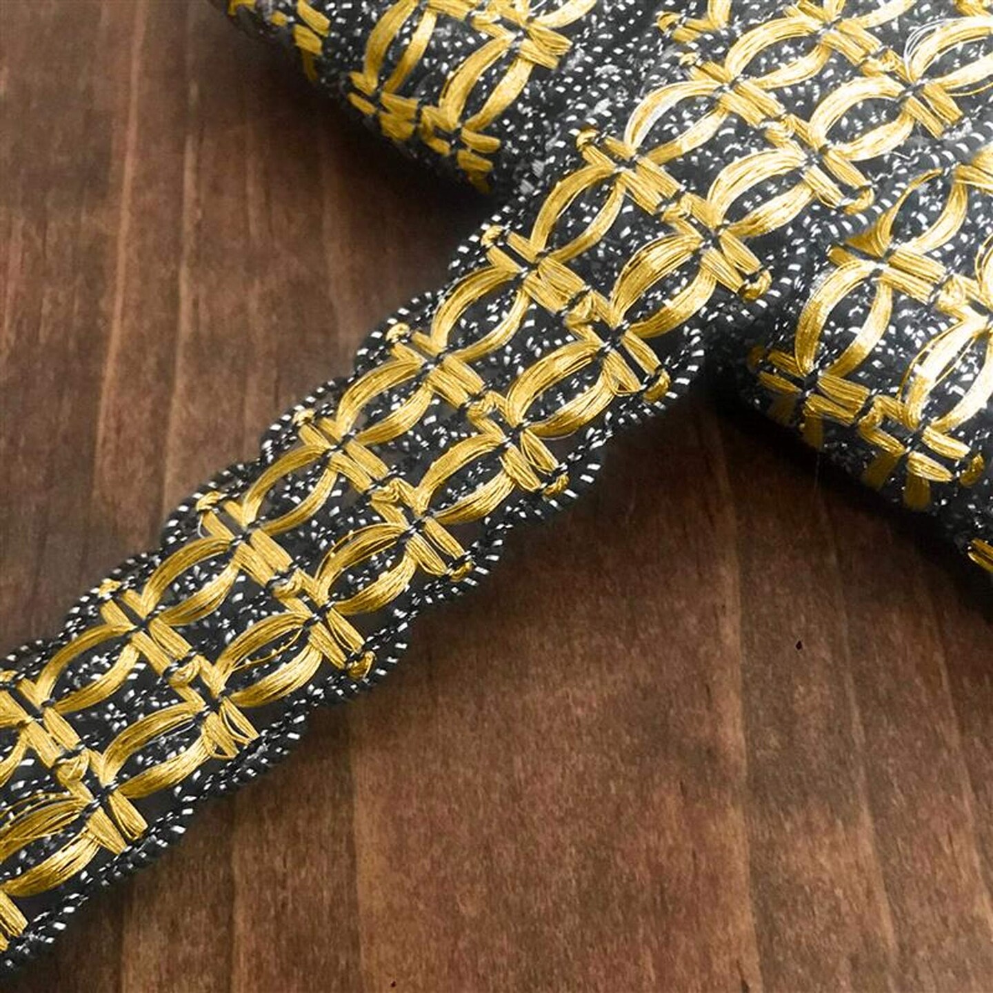 1 Yard Gunmetal &#x26; Gold Metallic Lace Gimp Trim &#x2013; Pull-Through Threading Decorative Upholstery Braid