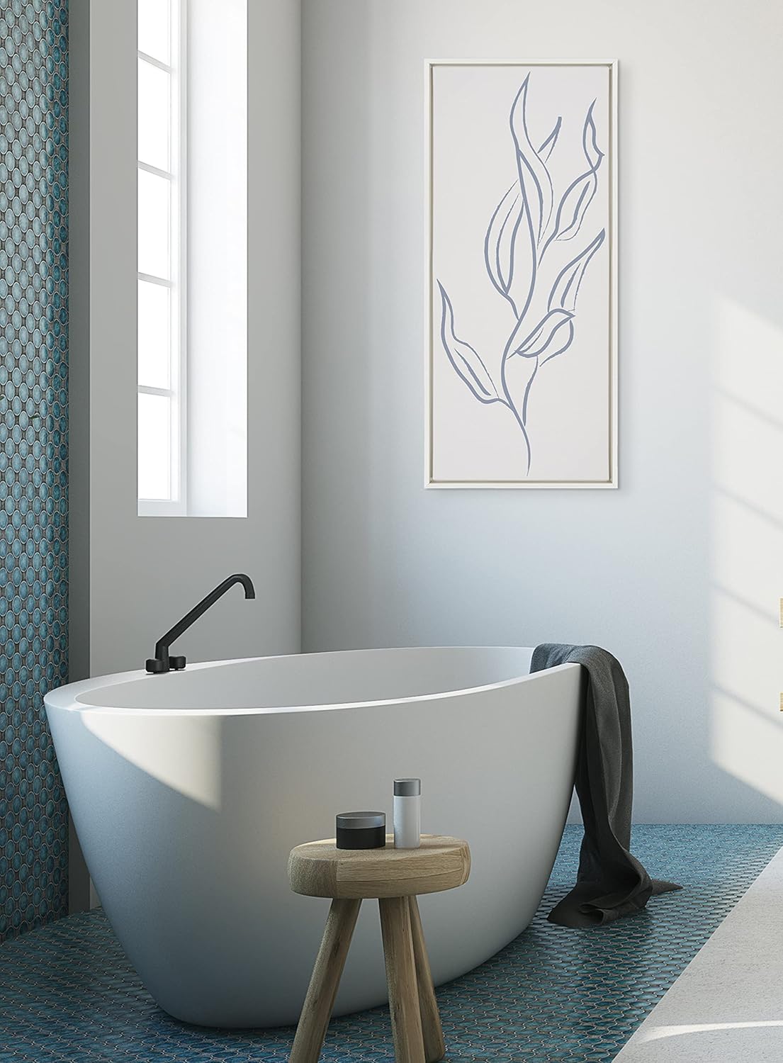 Sylvie Muted Illustrated Botanical Light Blue and Beige Framed Canvas Wall Art (18x40 White)