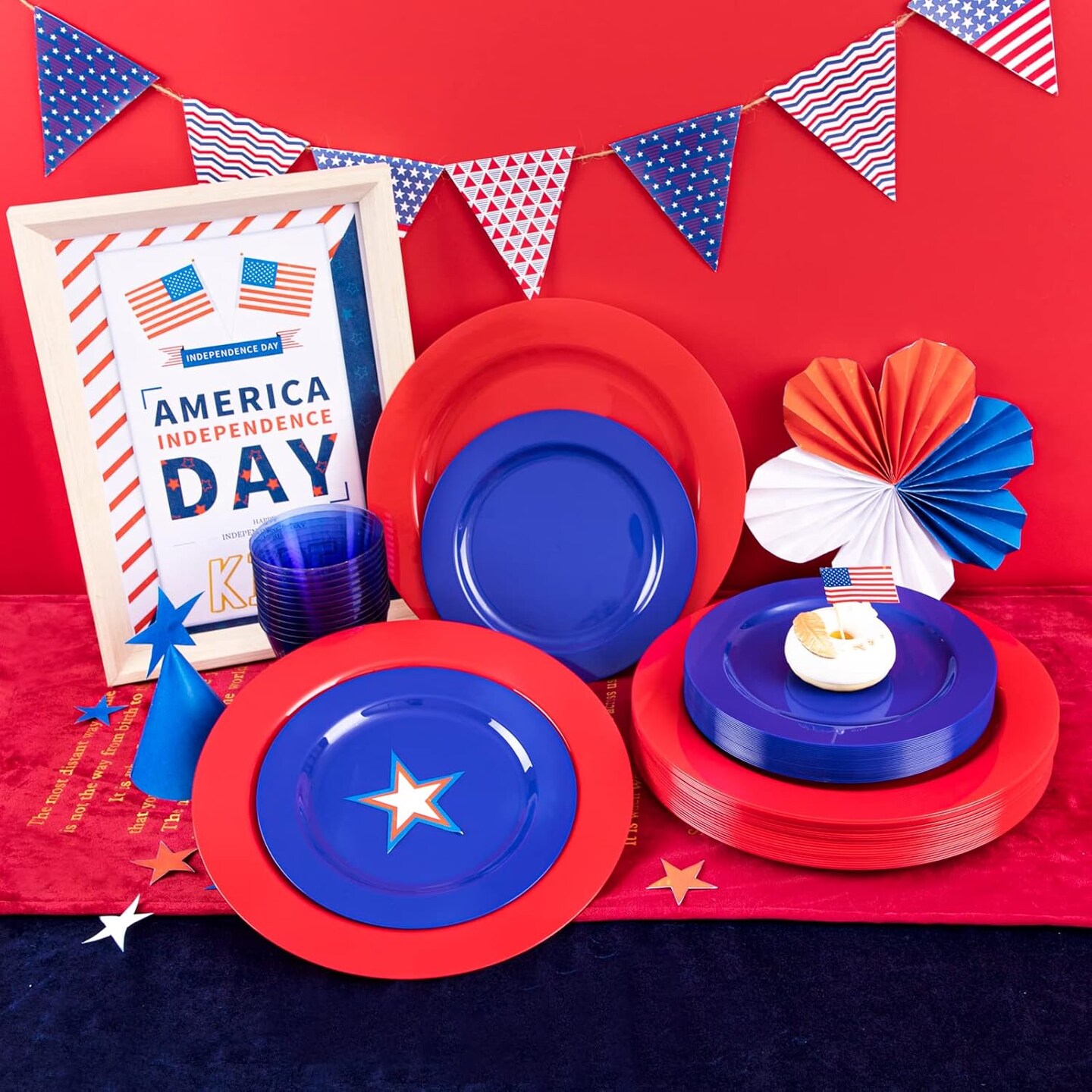 150pcs 4th of July Party Supplies – Plates, Cutlery & Clear Cups (Red Blue White)