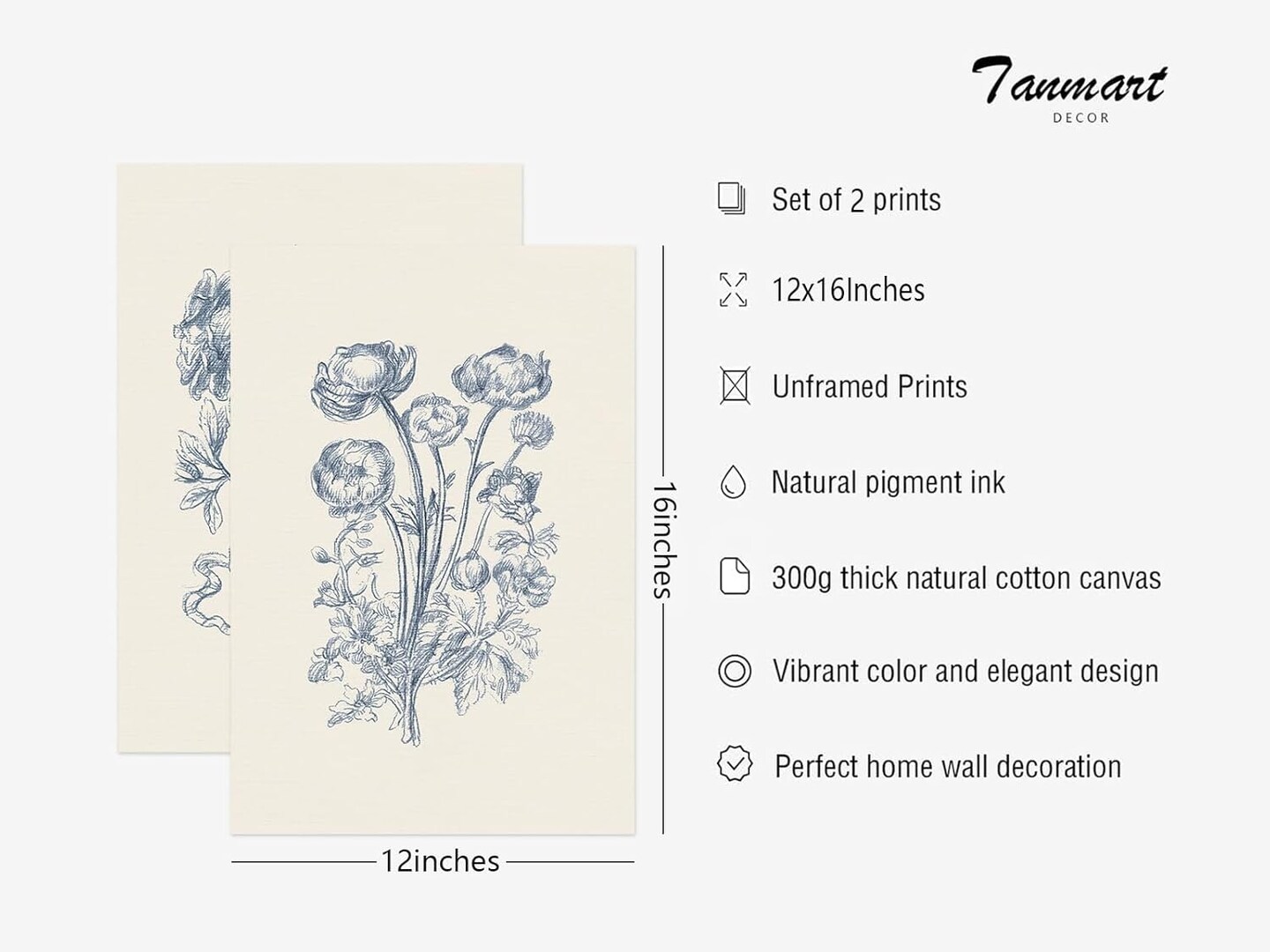 Blue Floral Wall Art Decor Vintage Flower Canvas,(12x16 Inch Unframed Set of 2)