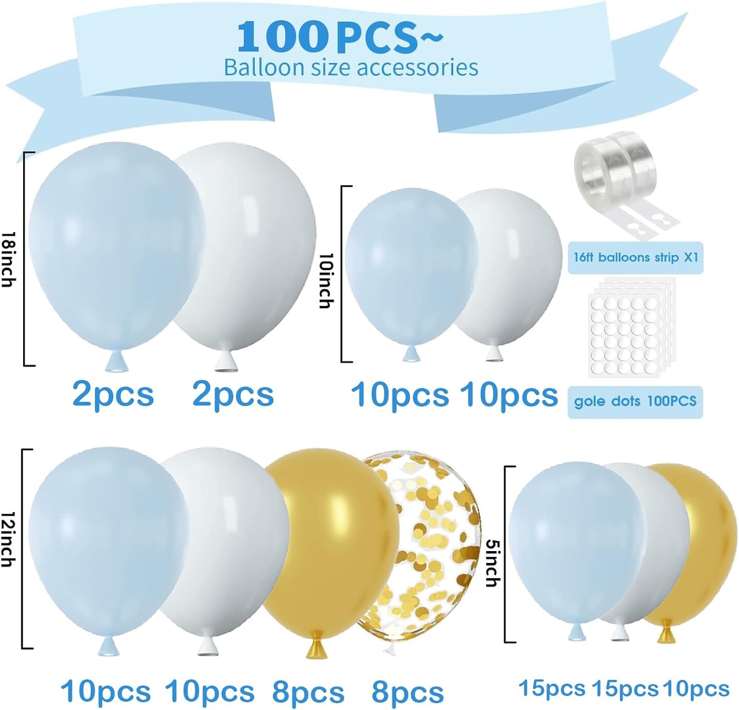 Blue and White Gold Balloons,100 pcs Blue White Gold Balloon Garland Arch Kit Metallic Chrome Gold Ballons