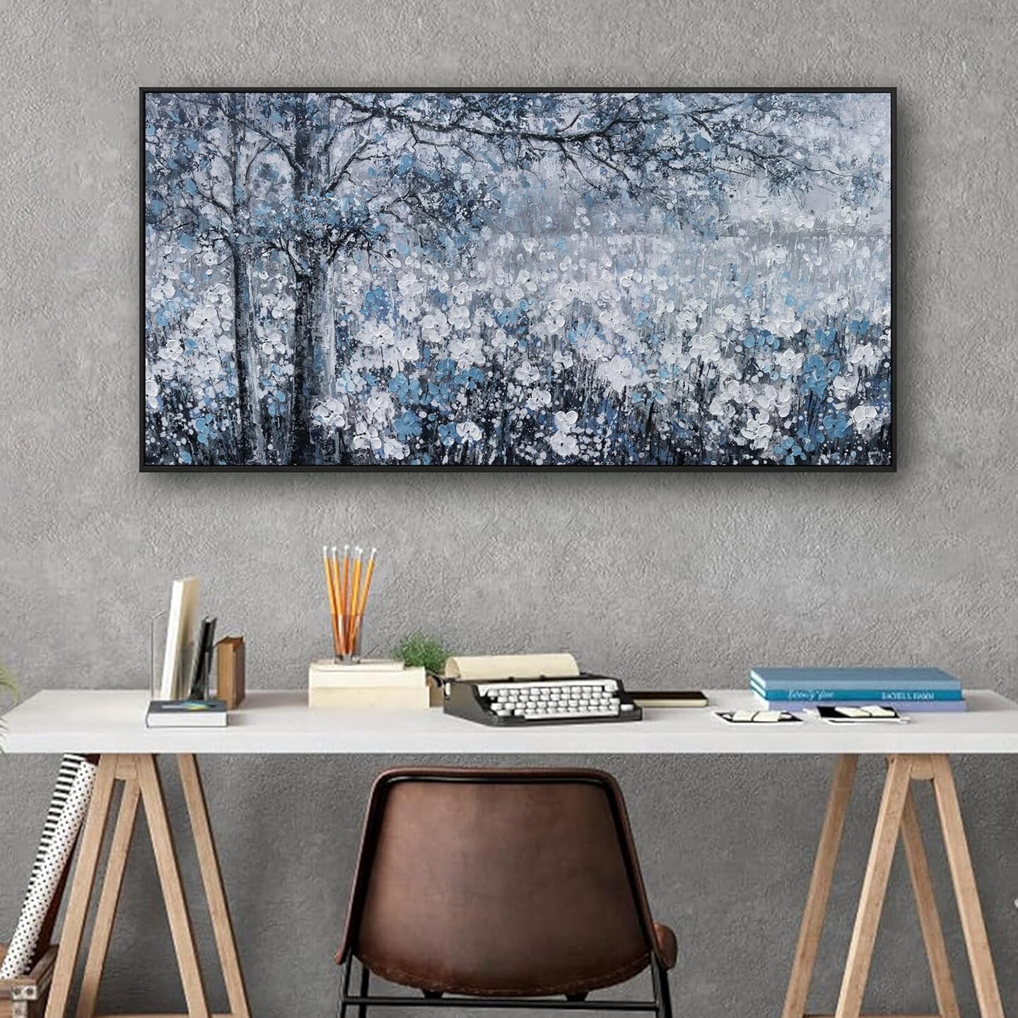 Canvas Wall Art Print Paintings Blue And White Abstract Tree Flower Landscape (20"×40")