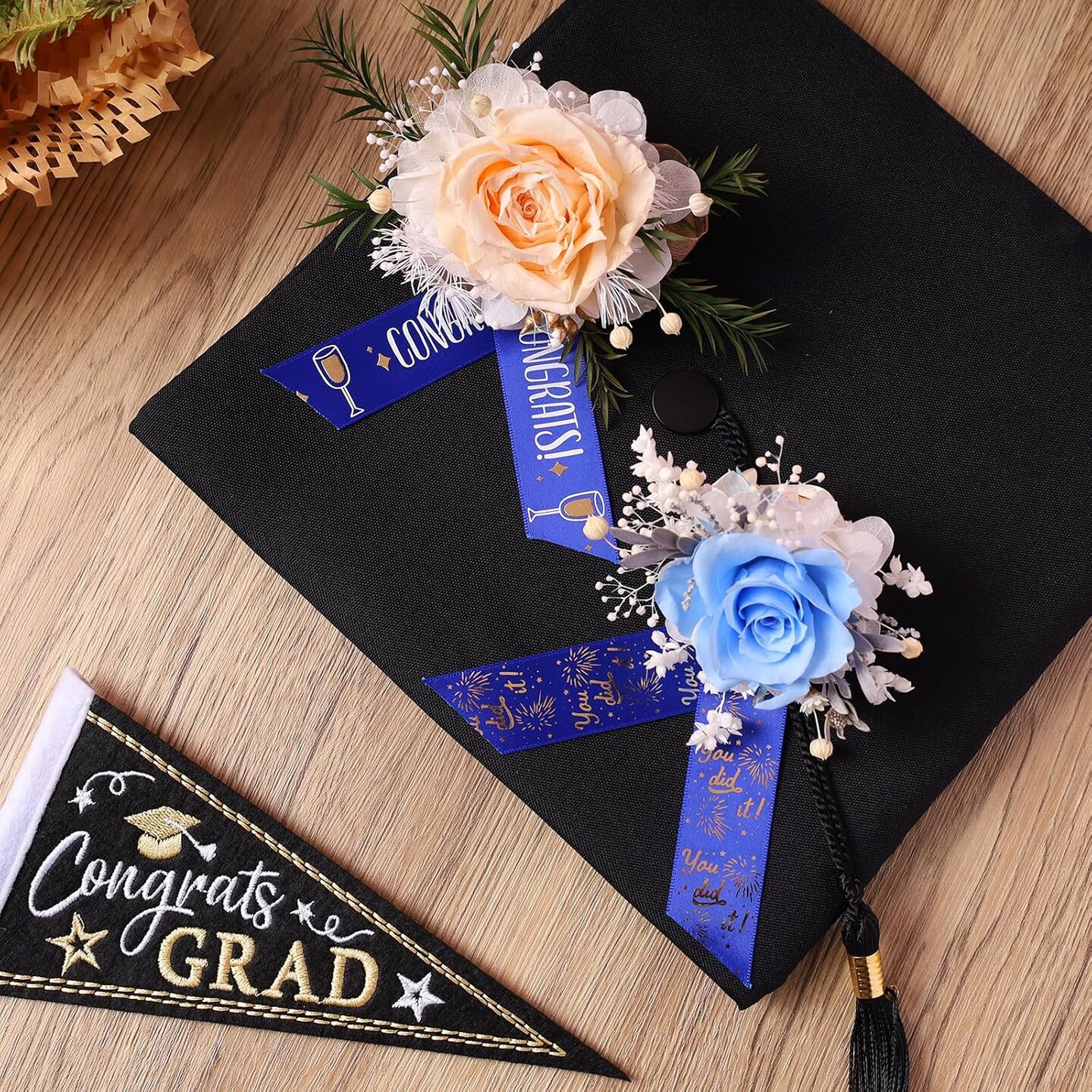 Blue and White Gold Congrats Grad Satin Ribbon - 3 Rolls 1 Inch x 15 Yards