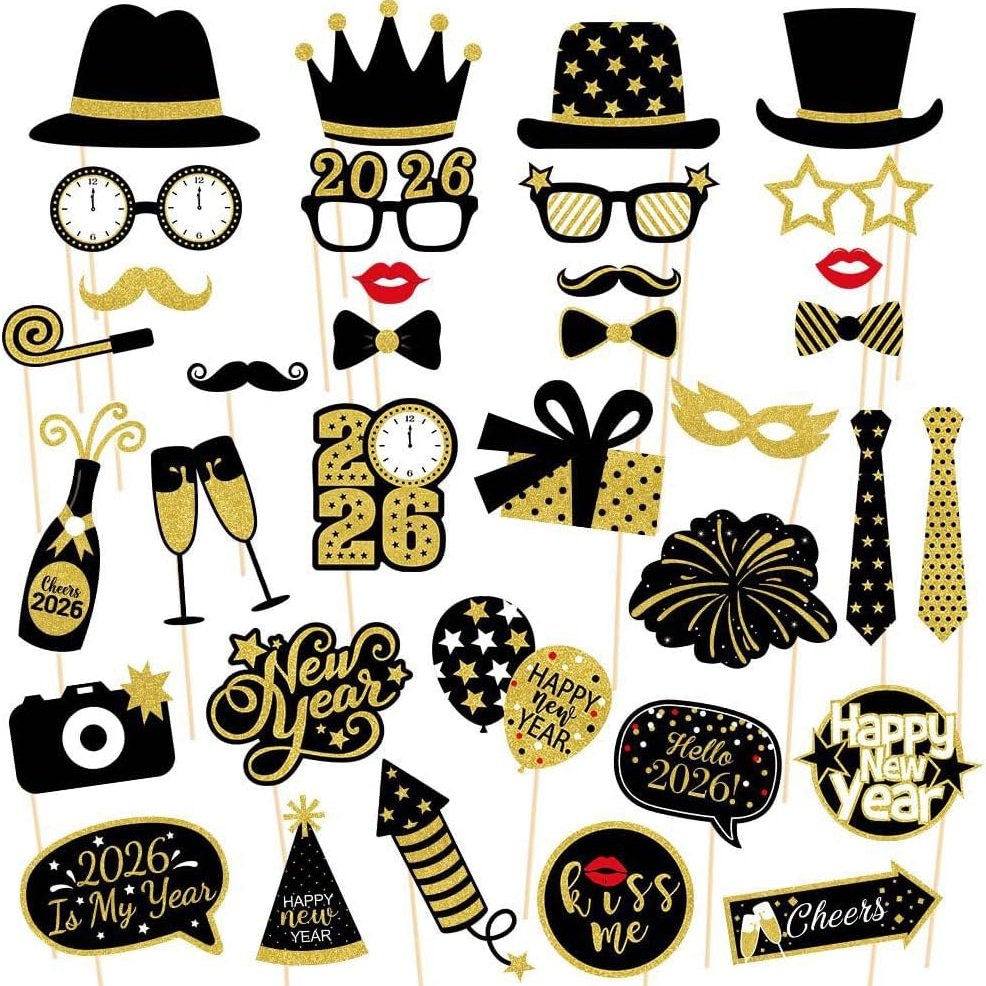 Edge Collections -Gold-New Year's Eve Photo Booth Props for 2026 Celebrations-35 pcs