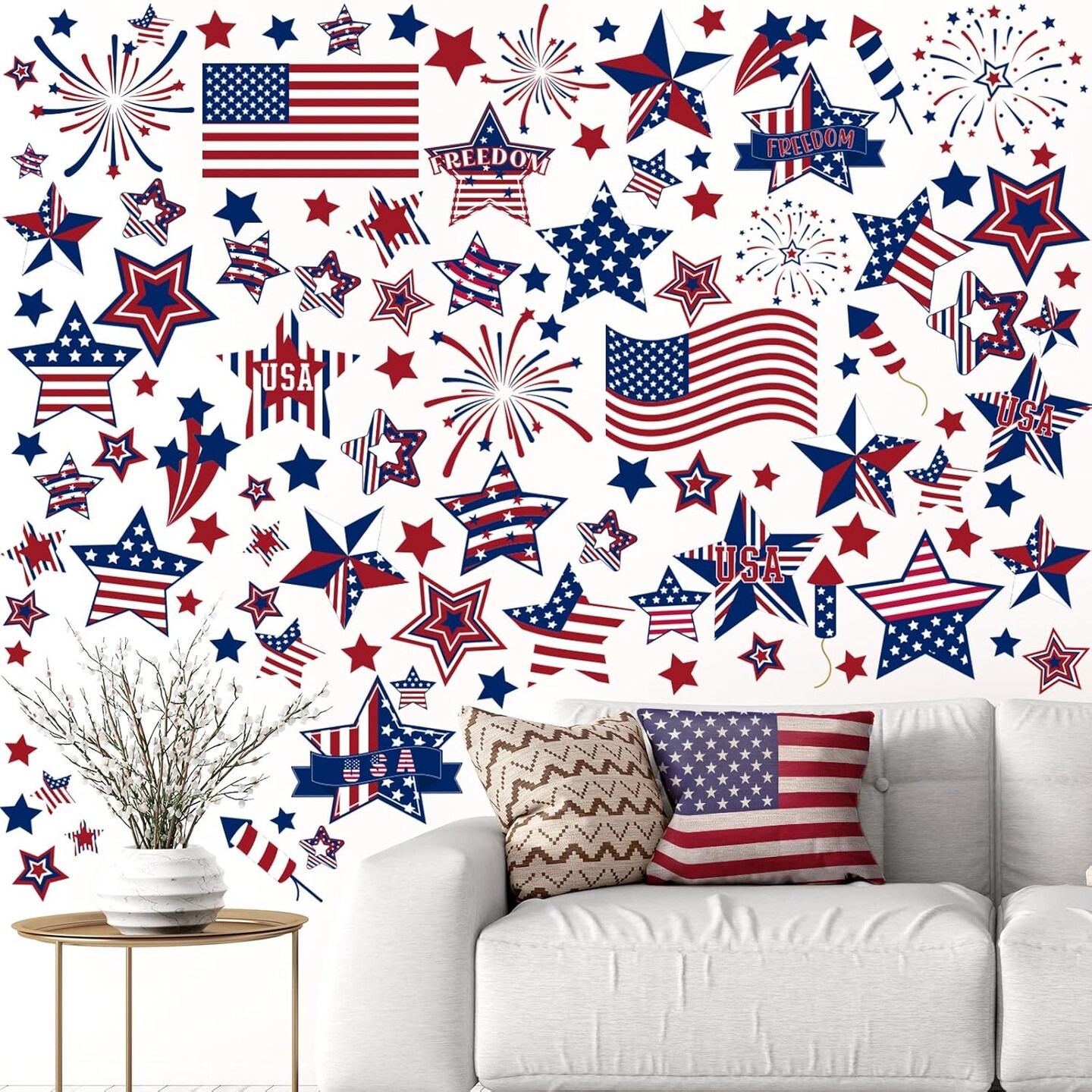 6 Sheets 4th of July Wall Stickers (106PCS) – Patriotic Star & American Flag Window Clings, Independence Day & Memorial Day Red White Blue Decorations