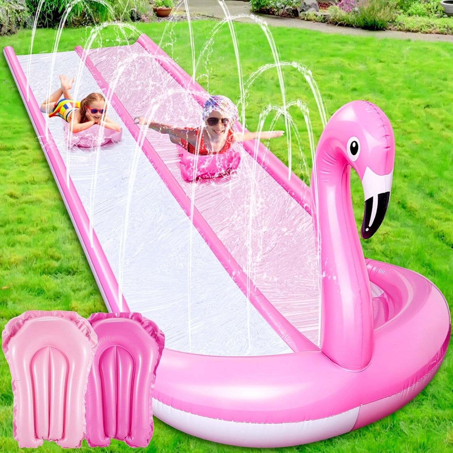 3D Flamingo Slip Water Slide Double Lane wth 2 Bodyboards and Sprinkler (20ft)