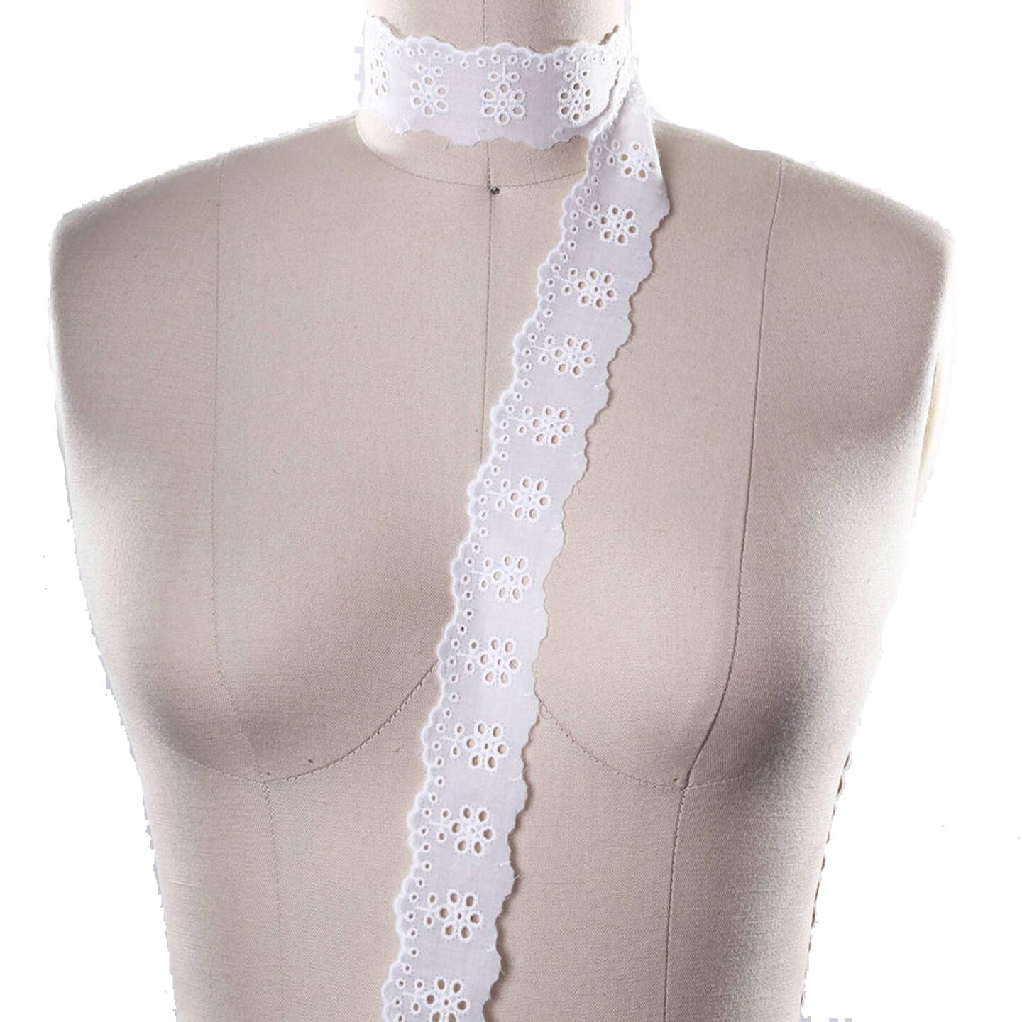 2 Yards White Cotton Lace Trim 2" Wide with Multiple Eyelets & Embroidered Edge