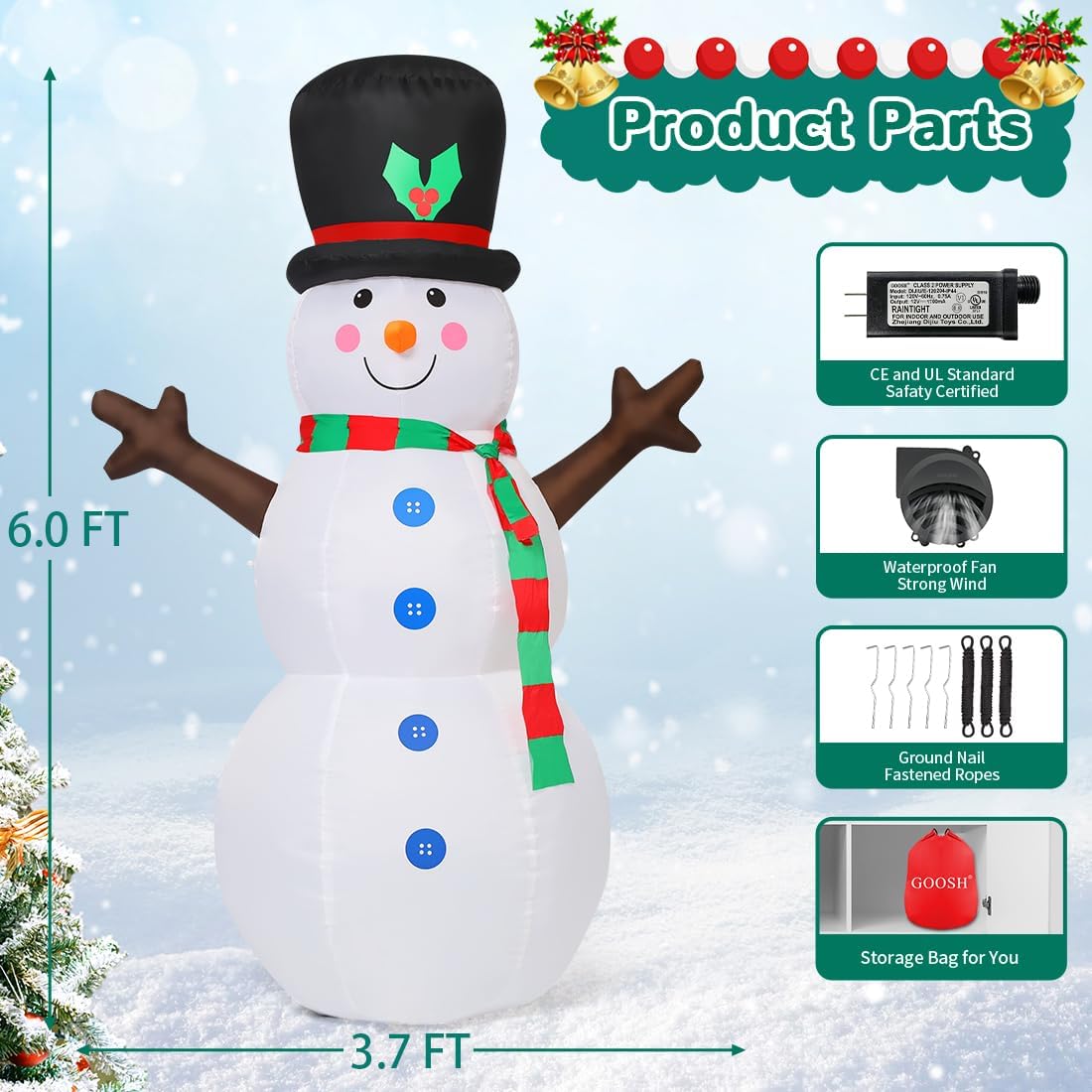 GOOSH 5 FT Inflatable Outdoor Christmas Snowman with Branch Hand