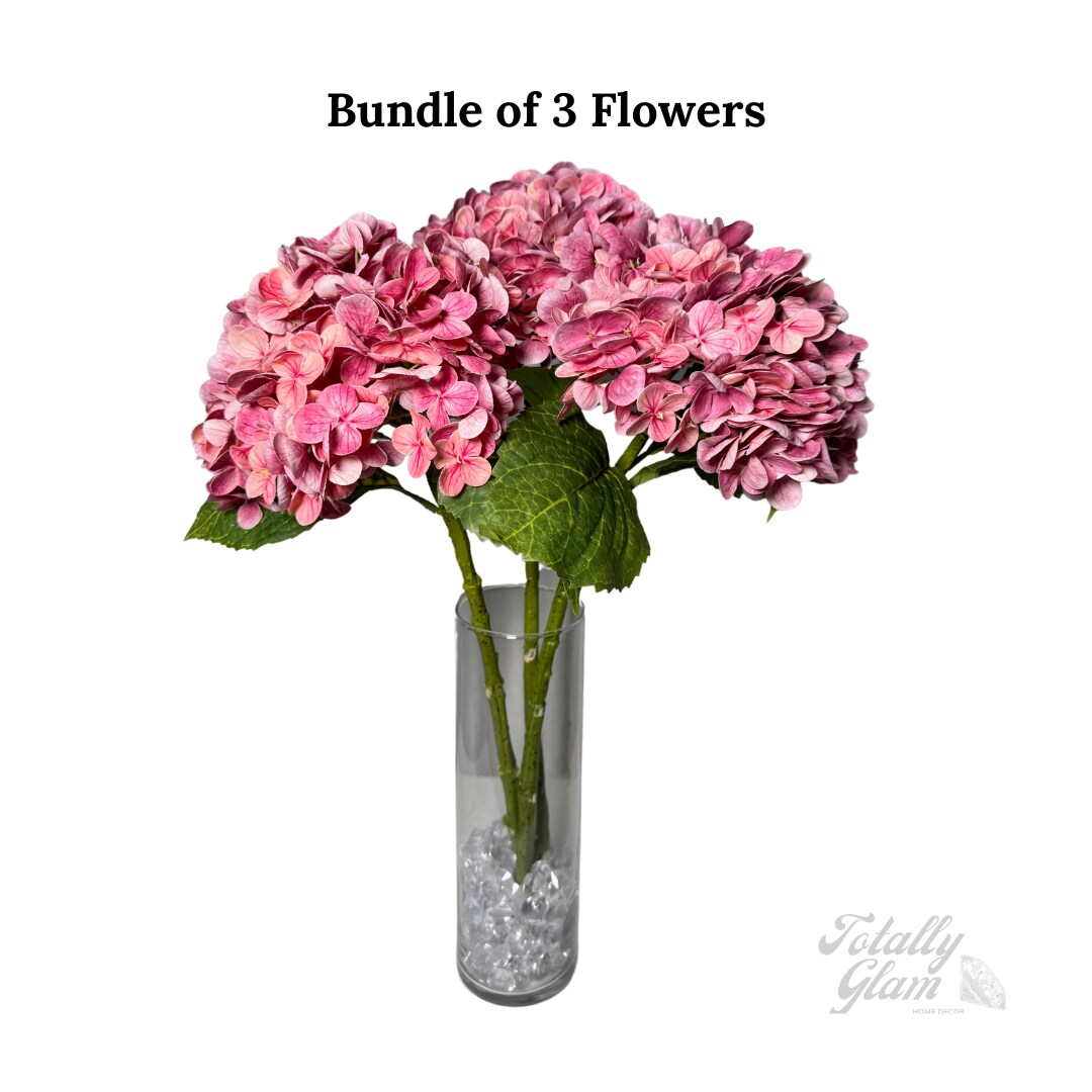 Ariane Lifelike Artificial Pink Burgundy Hydrangea Flowers 20&#x201D; Real Touch, Set of 3, Faux Silk Stems for Wedding, Fall D&#xE9;cor, Home Styling, and Centerpieces