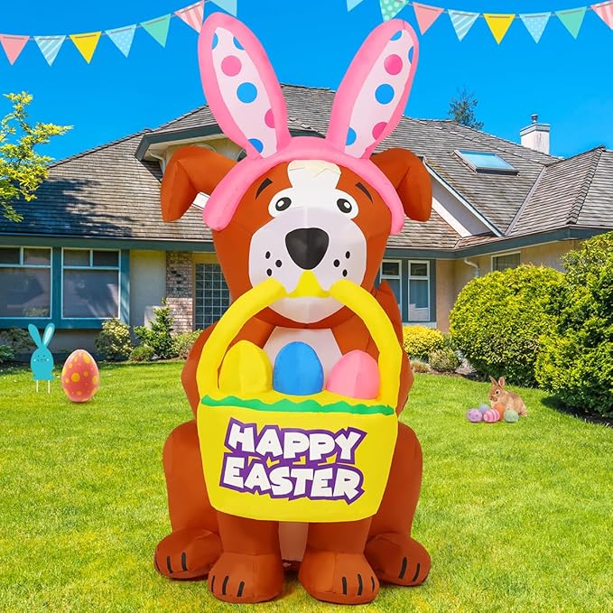 GOOSH 5.2 FT Easter Inflatables Cute Dog with Easter Eggs with Built-in LEDs