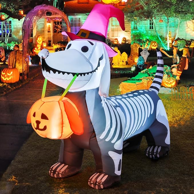 GOOSH 5.5 FT Halloween Inflatables Skeleton Puppy with Build-in LEDs