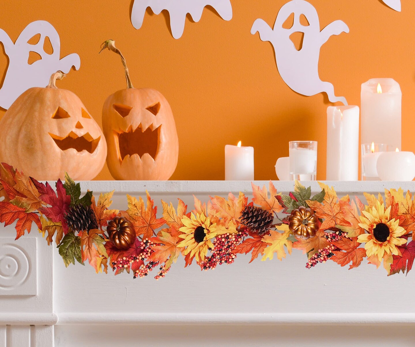 Haute Decor 6 Foot Long Fall Sunflower Artificial Garland with Real Pinecones, Faux Berries, Autumn Leaves and Painted Pumpkins