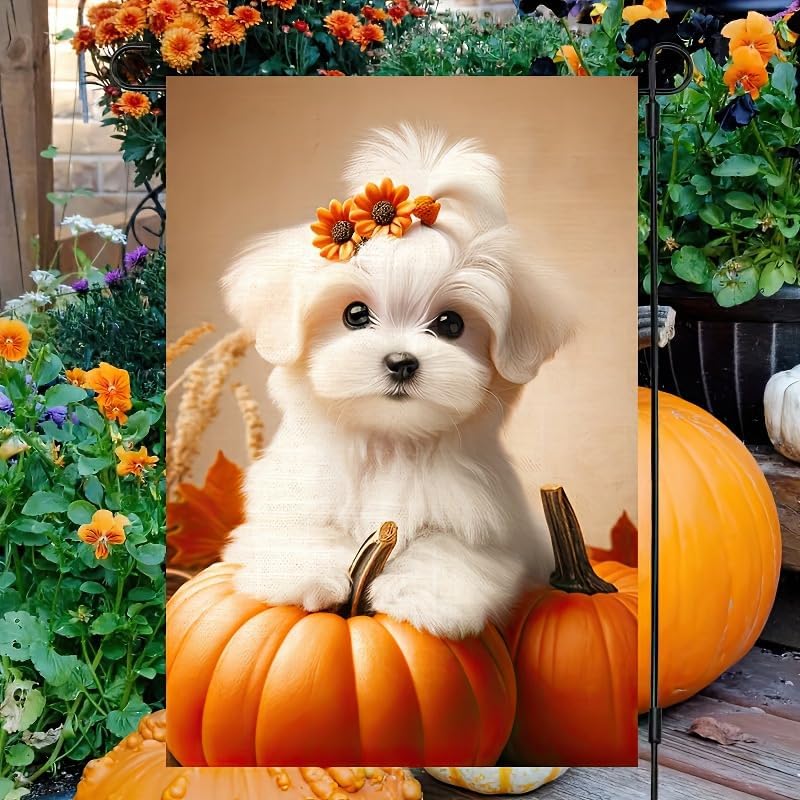 12x18 Inch - Happy Fall Dog Thanksgiving Garden Yard Flag (Maltese Dog)