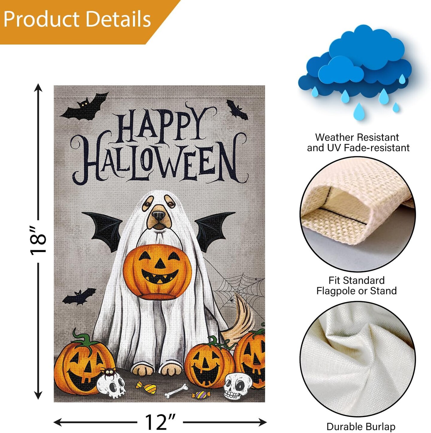 🎃 Happy Halloween Garden Flag – Ghost Golden Retriever Dog with Pumpkin, 12x18 Inch Burlap Outdoor Yard Flag (Flag Only)