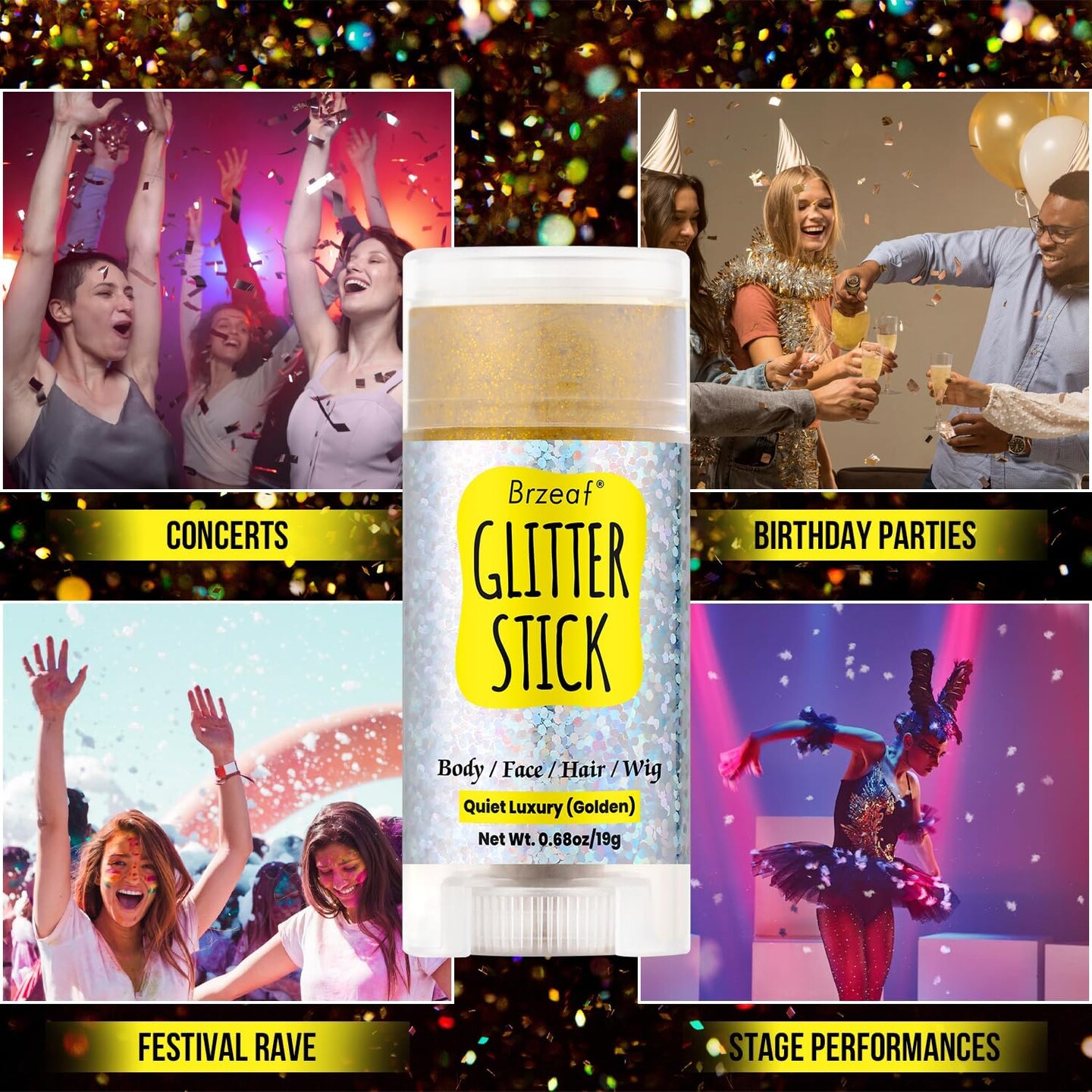 Golden Glitter Stick – Chunky Face & Body Glitter for Hair, Eyes, Lips | Long-Lasting, Waterproof Makeup for Music Festivals, Concerts, Raves & Holiday Parties (Golden)