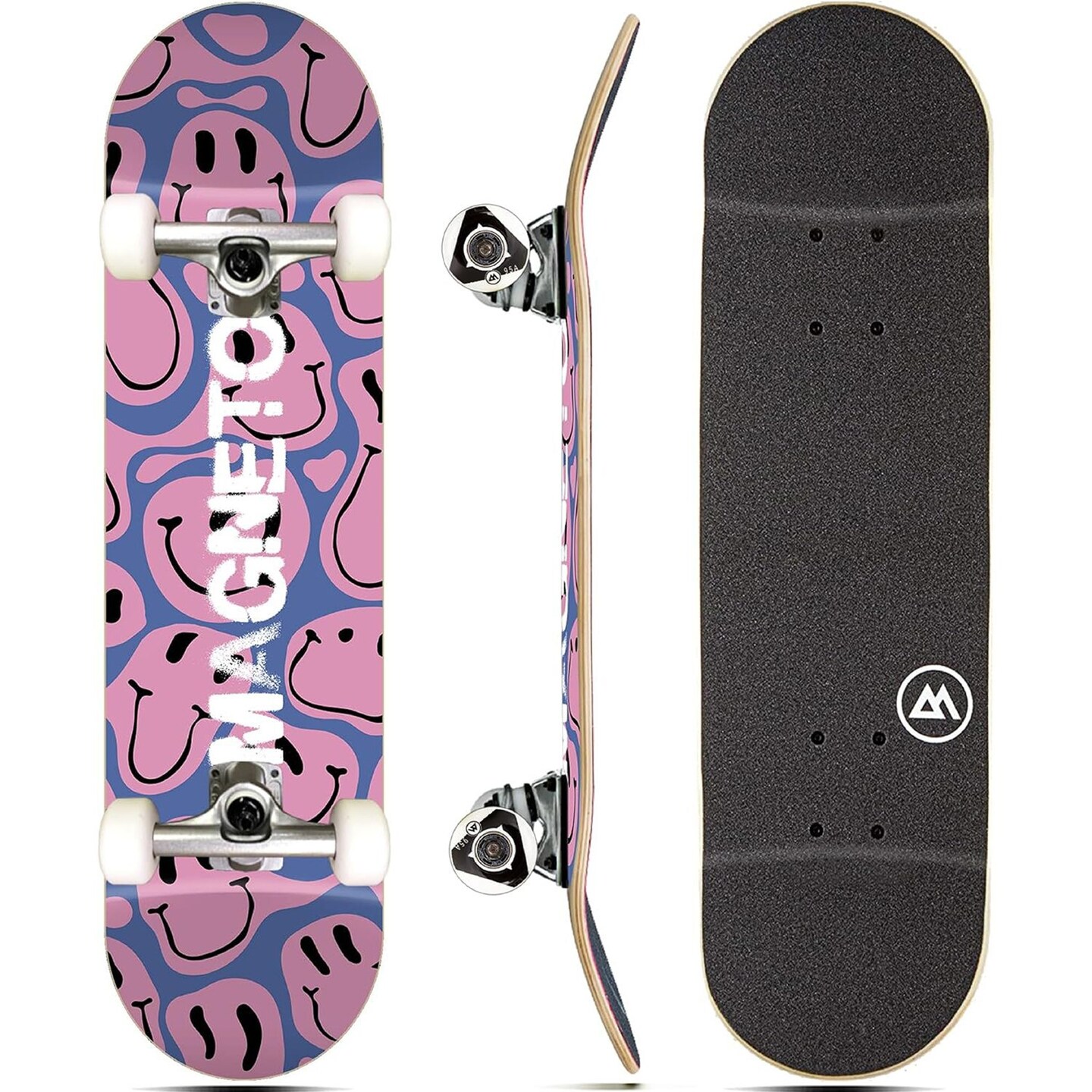 Magneto Cruiser Skateboard - Longboard-Style Cruiser for City Commutes - Beginner Skateboard Setup with ABEC-5 Bearings & 95A Wheels - 7-Ply Maple Deck, 31" x 8", Droopy Smile