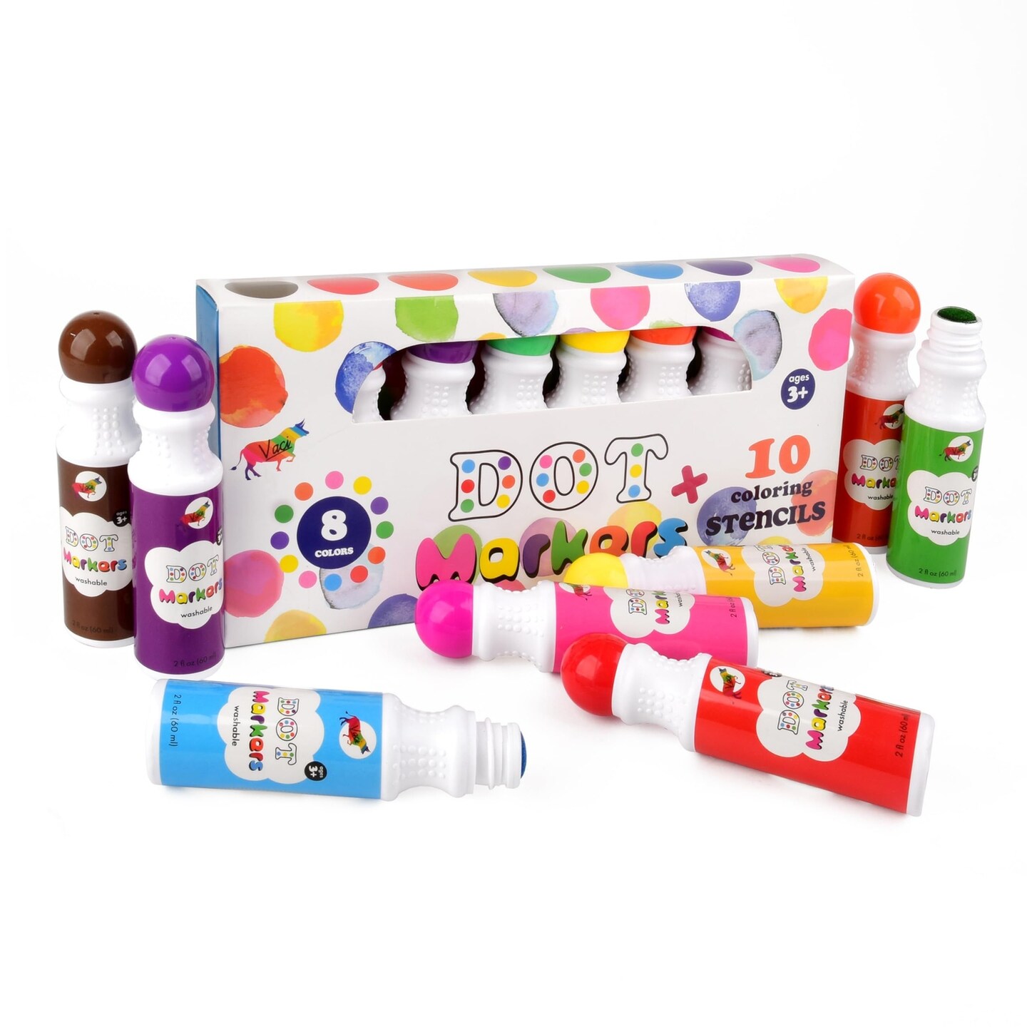Vaci Dot Markers Set - 8 Paint Markers, 10 Coloring Stencils | Washable, Water-Based & Easy Grip | Good for Bingo, Crafts & Classrooms | For Toddlers, Preschoolers & Kids