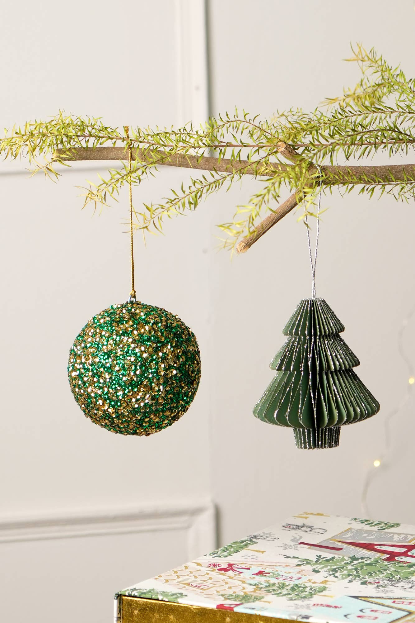 Sequins Lac Ball Hanging Ornament - Green &#x26; Gold - 4&#x22;