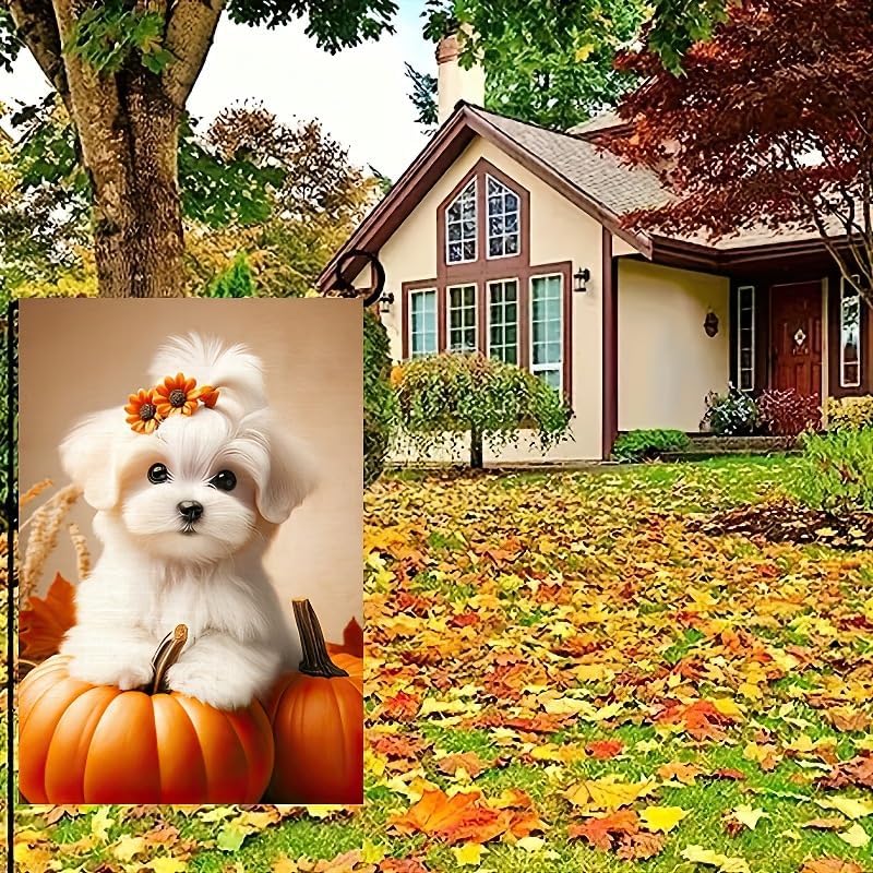 12x18 Inch - Happy Fall Dog Thanksgiving Garden Yard Flag (Maltese Dog)