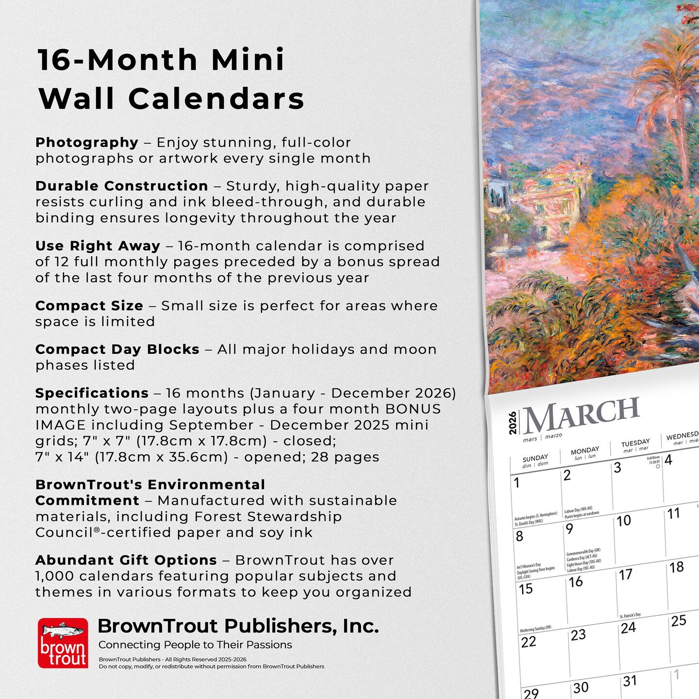 Claude Monet | 2026 7 x 14 Inch (Hanging) Monthly Mini Wall Calendar | English/French Bilingual