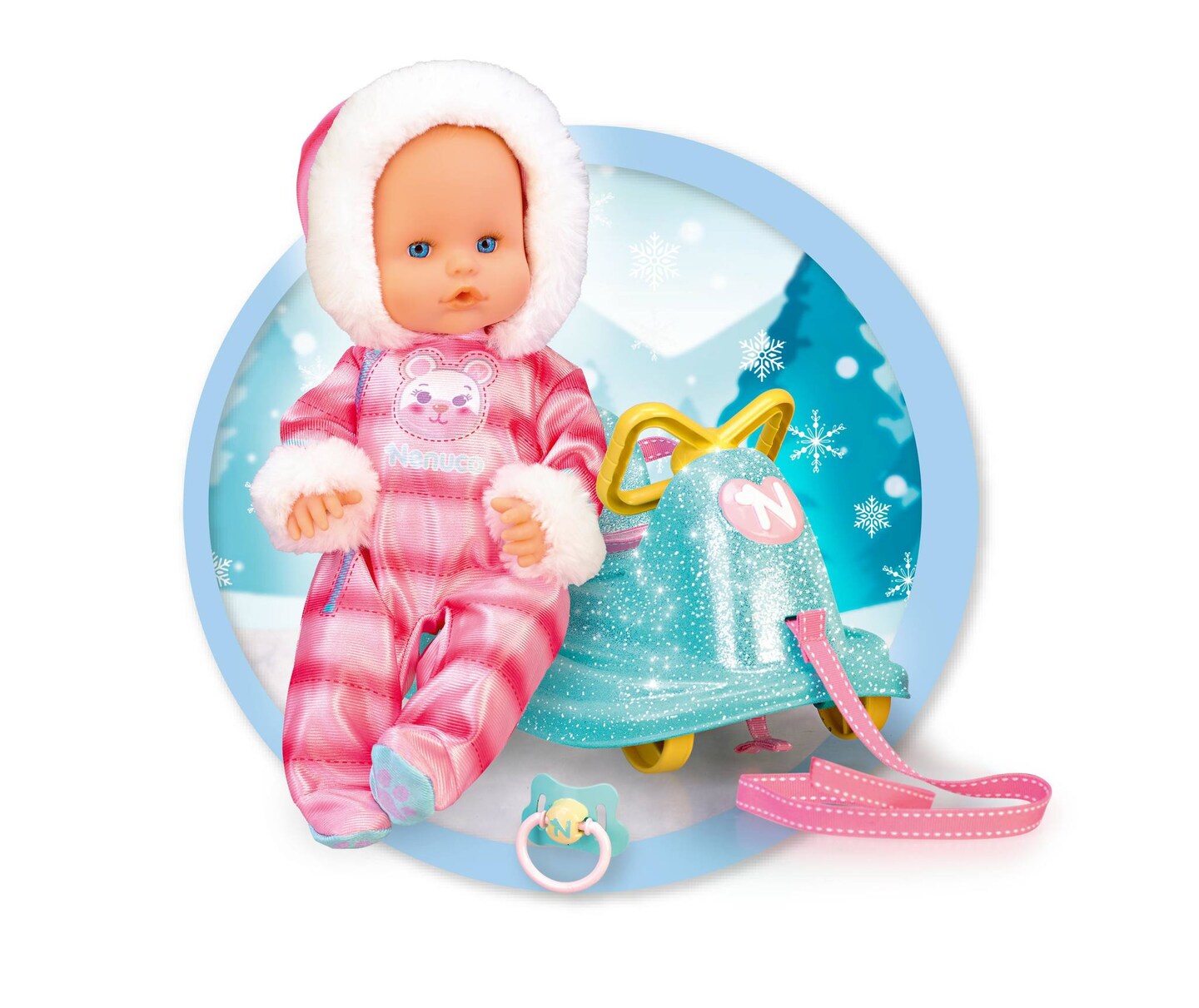 Nenuco 14&#x22; Baby Doll in Ski Suit and Sleigh Accesssory On Wheels With Color Chaning Nose, For Ages 2+