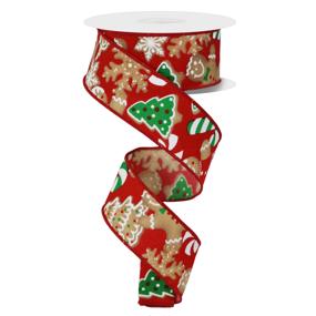 1.5&#x22; Gingerbread Cookies Ribbon: Red (10 Yards)