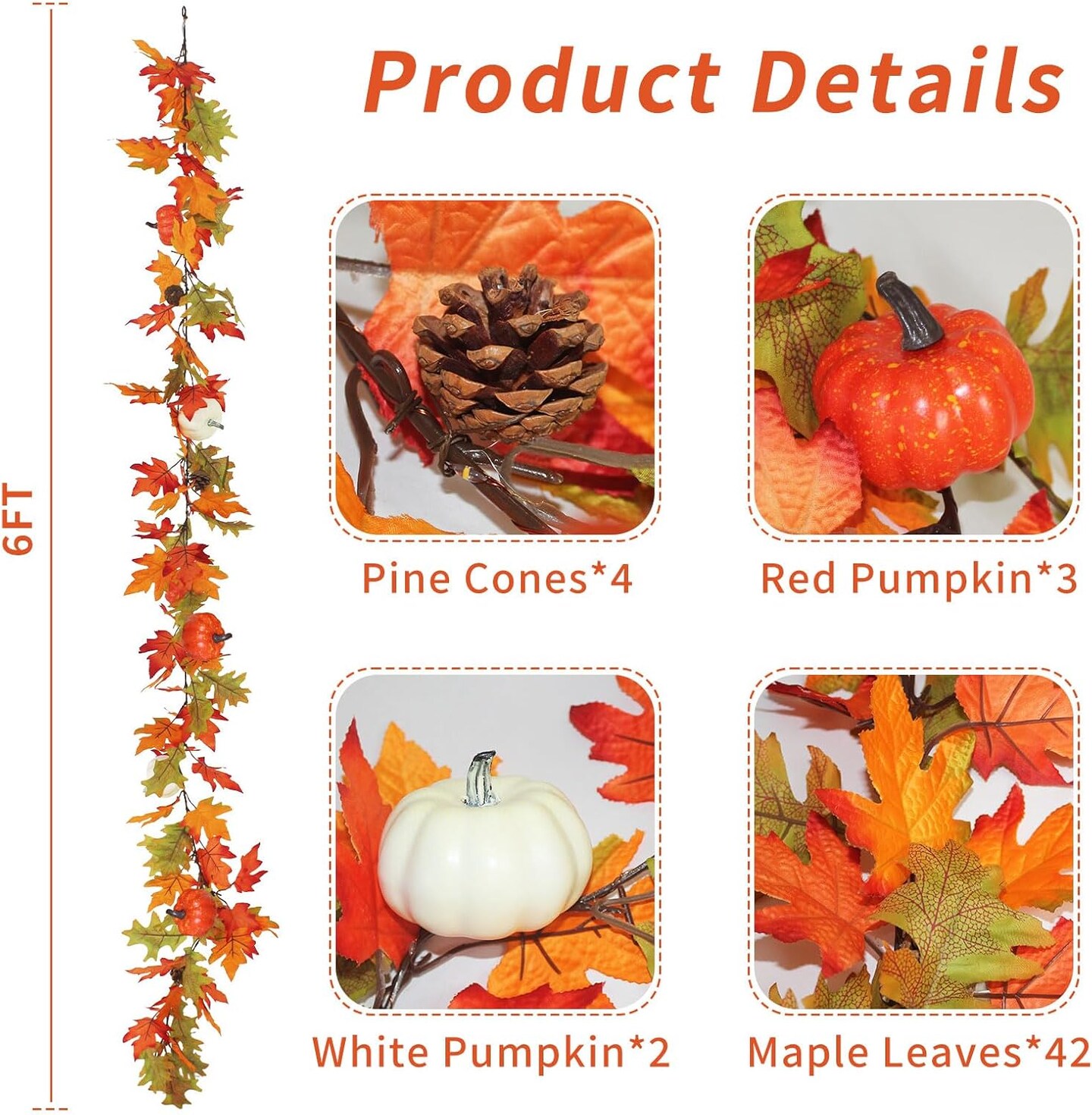 6FT Lighted Maple Leaves with Pine Cone and Pumpkin Fall Garland - 1 PACK