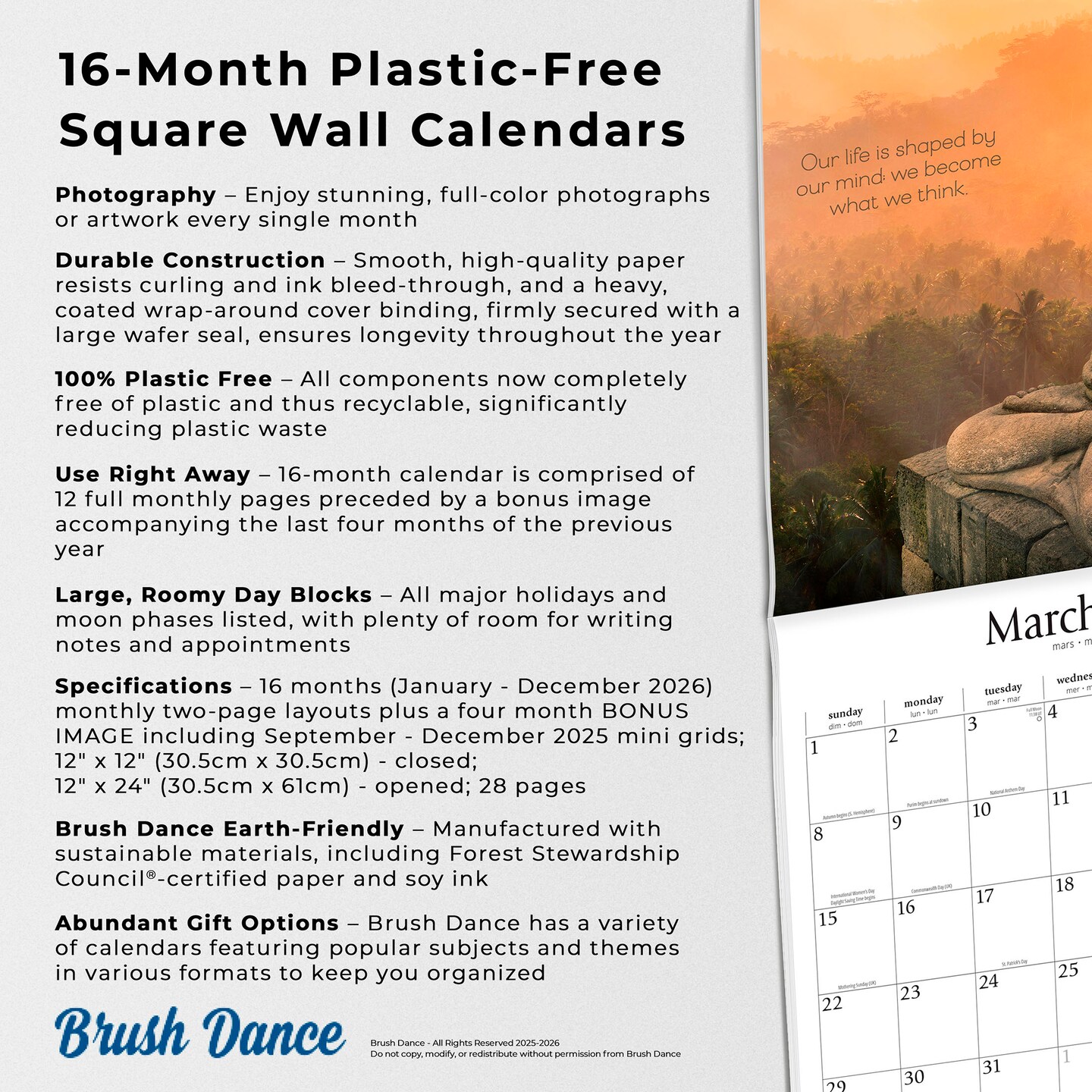 Timeless Buddha | 2026 12 x 24 Inch (Hanging) Monthly Square Wall Calendar | Plastic-Free