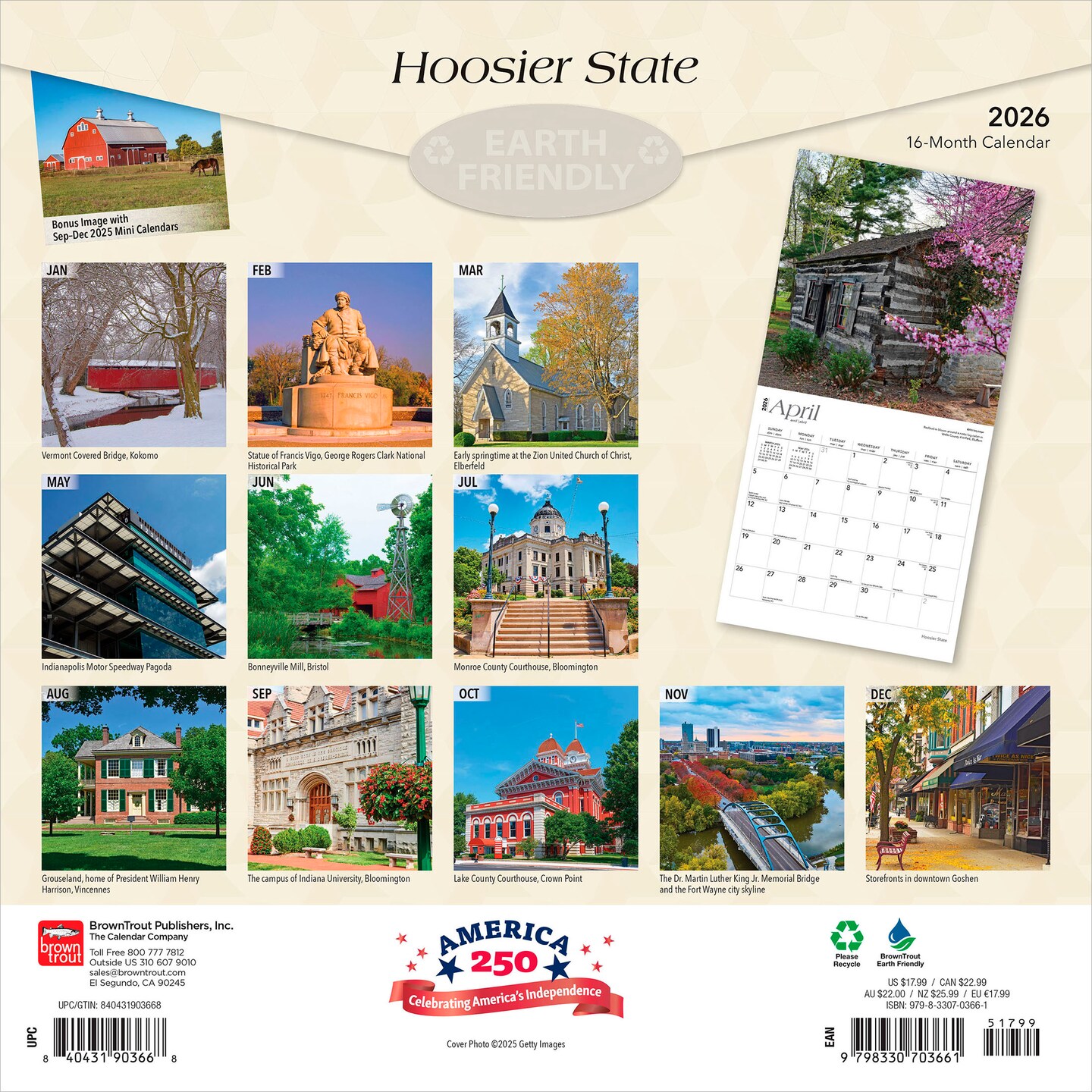 Hoosier State | Indiana Places | 2026 12 x 24 Inch (Hanging) Monthly Square Wall Calendar | Plastic-Free