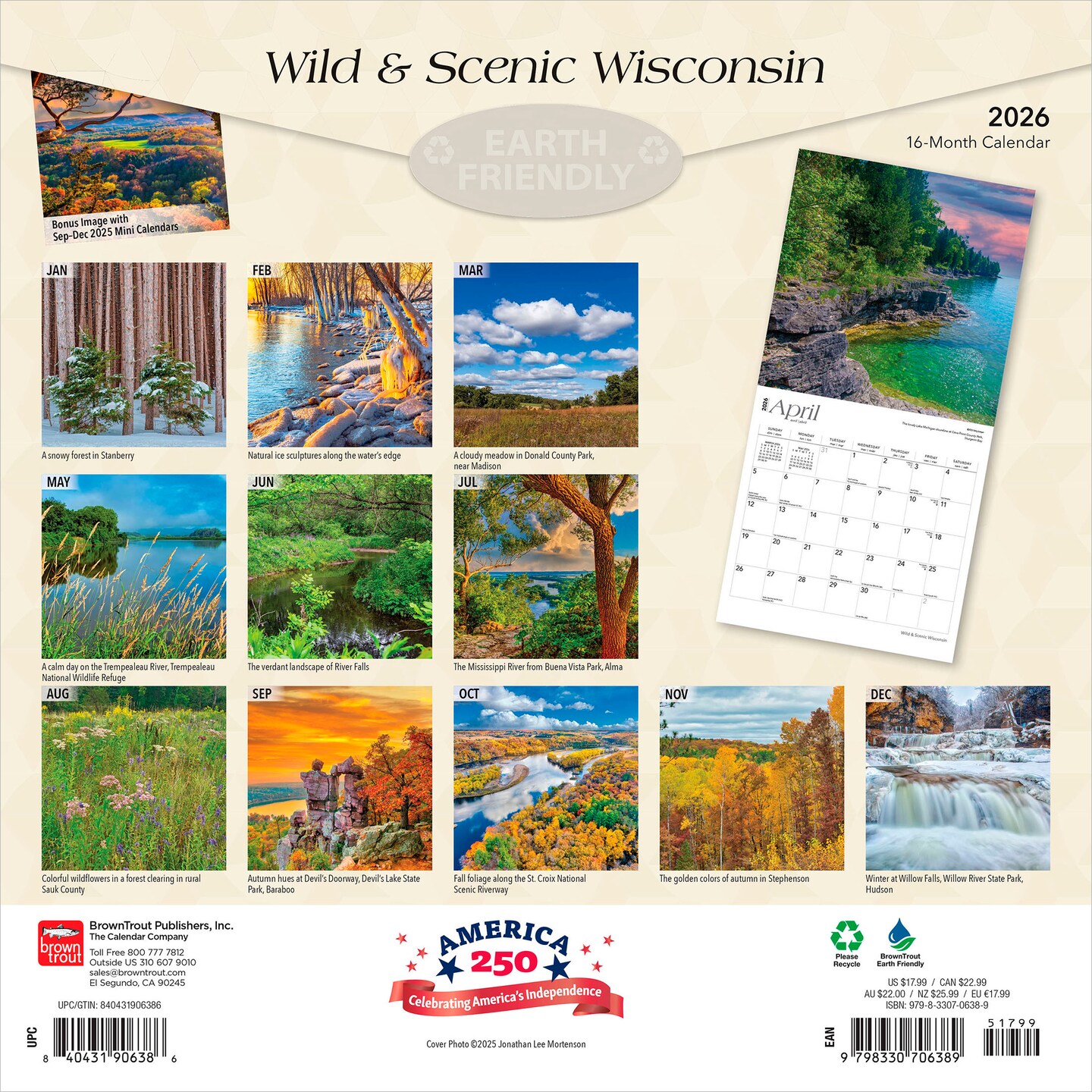 Wisconsin Wild & Scenic | 2026 12 x 24 Inch (Hanging) Monthly Square Wall Calendar | Plastic-Free