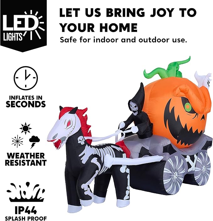 Halloween Inflatables Pumpkin Carriage Outdoor Decorations, Blow Up Pumpkin Carriage with Build-in LEDs