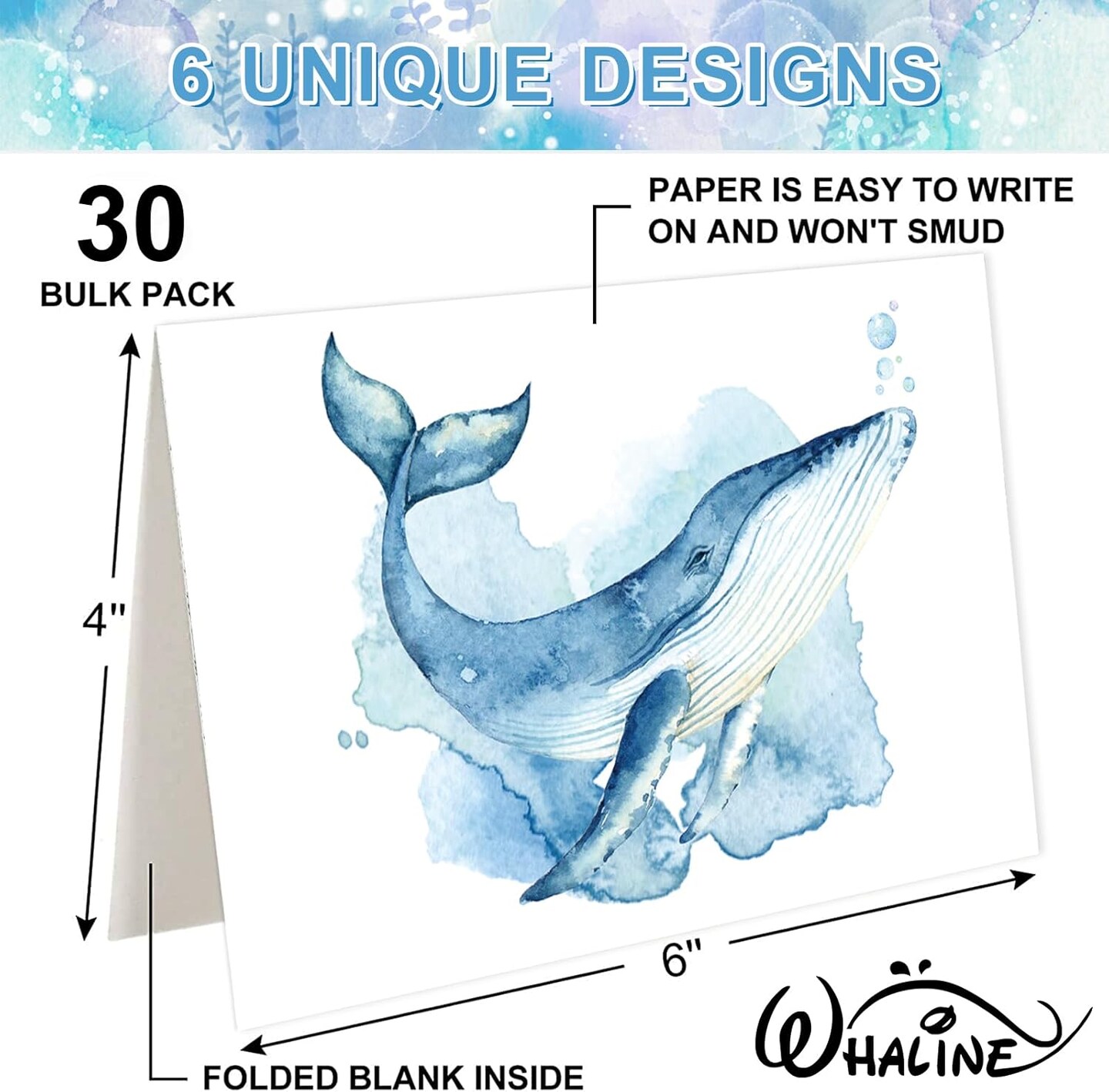 30 Pack Watercolor Ocean Greeting Cards Turtle Whale Jellyfish Stationery Cards with Envelopes Stickers Summer Sea Blank Note Cards for Party Invitation Supplies, 4 x 6 Inch