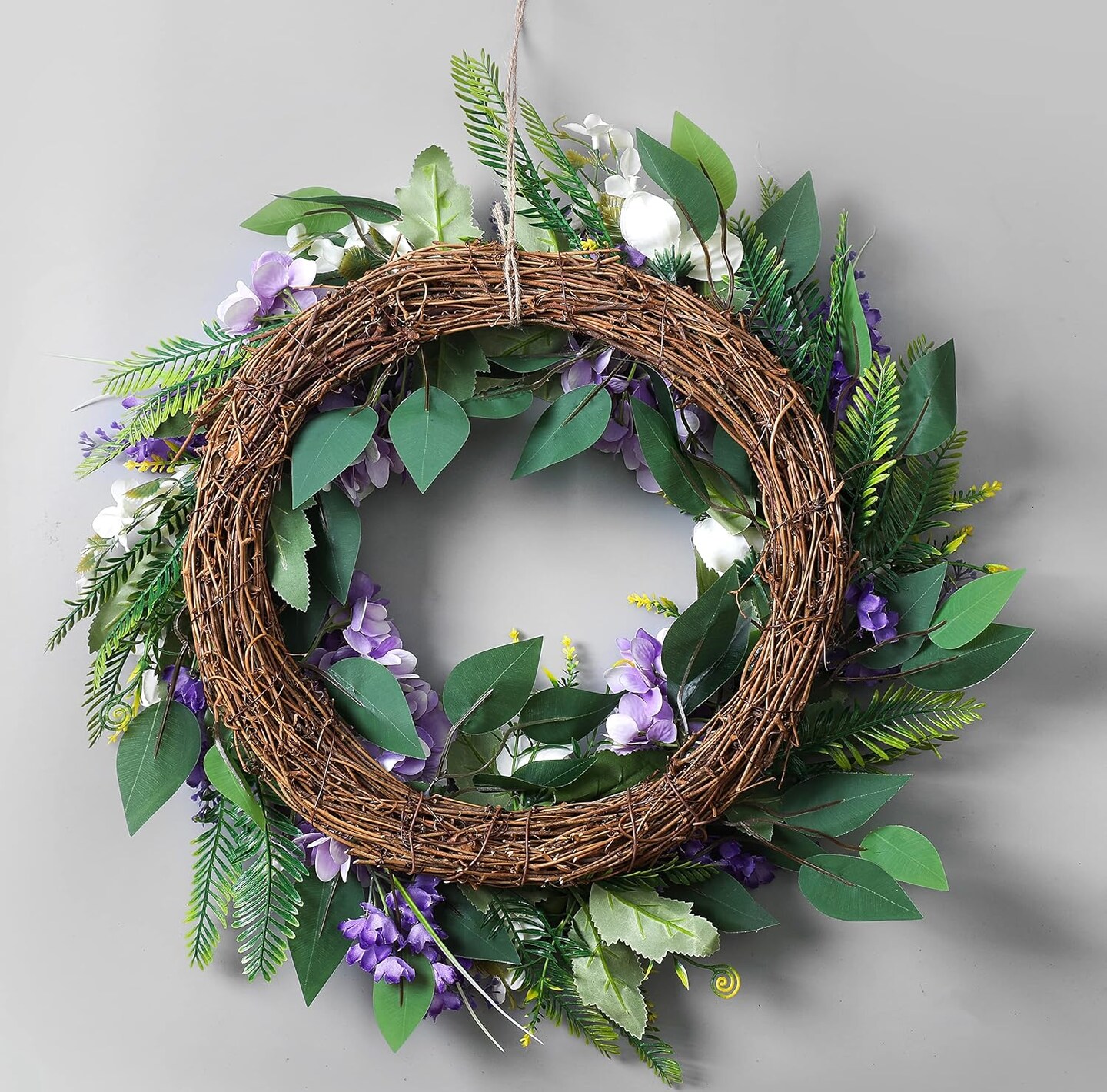 Summer Floral Wreaths for Front Door Green Plant Purple Hydrangea Weaths 18 inch on Grapevine Base, Perfect for Summer Wreaths Outdoor,Indoor and Farmhouse Decoration