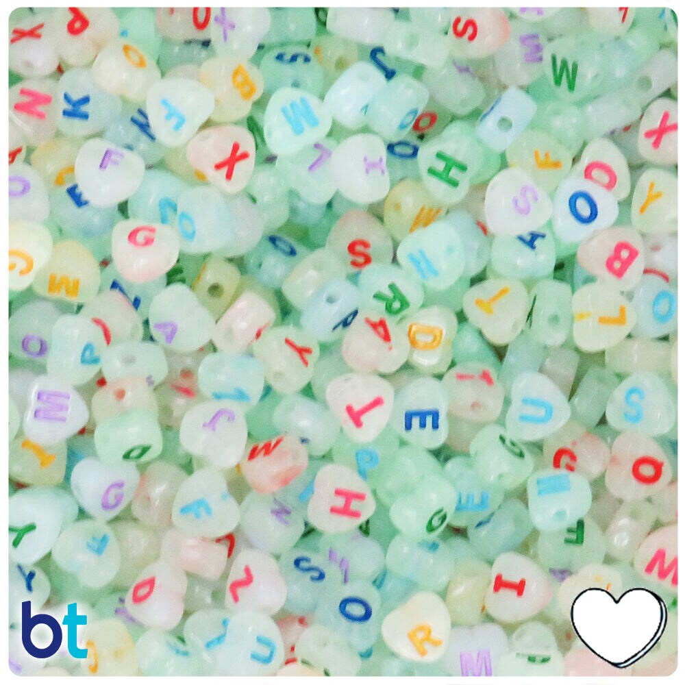 BeadTin Luminous 7mm Heart Plastic Alpha Beads - Colored Letter Mix (250pcs)
