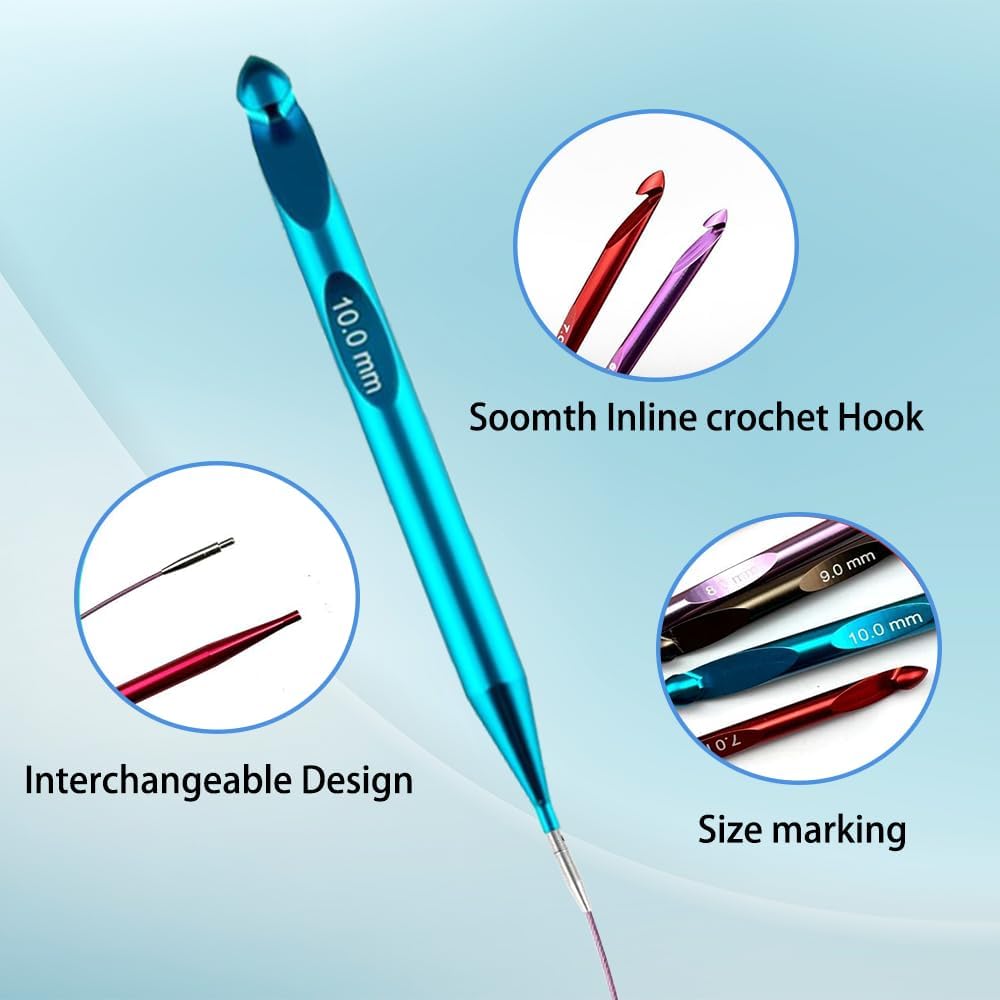 Tunisian Crochet Hooks Set with Cable,Long Aluminum Crochet Hooks 3mm-10mm Interchangeable Crochet Needles with Cord
