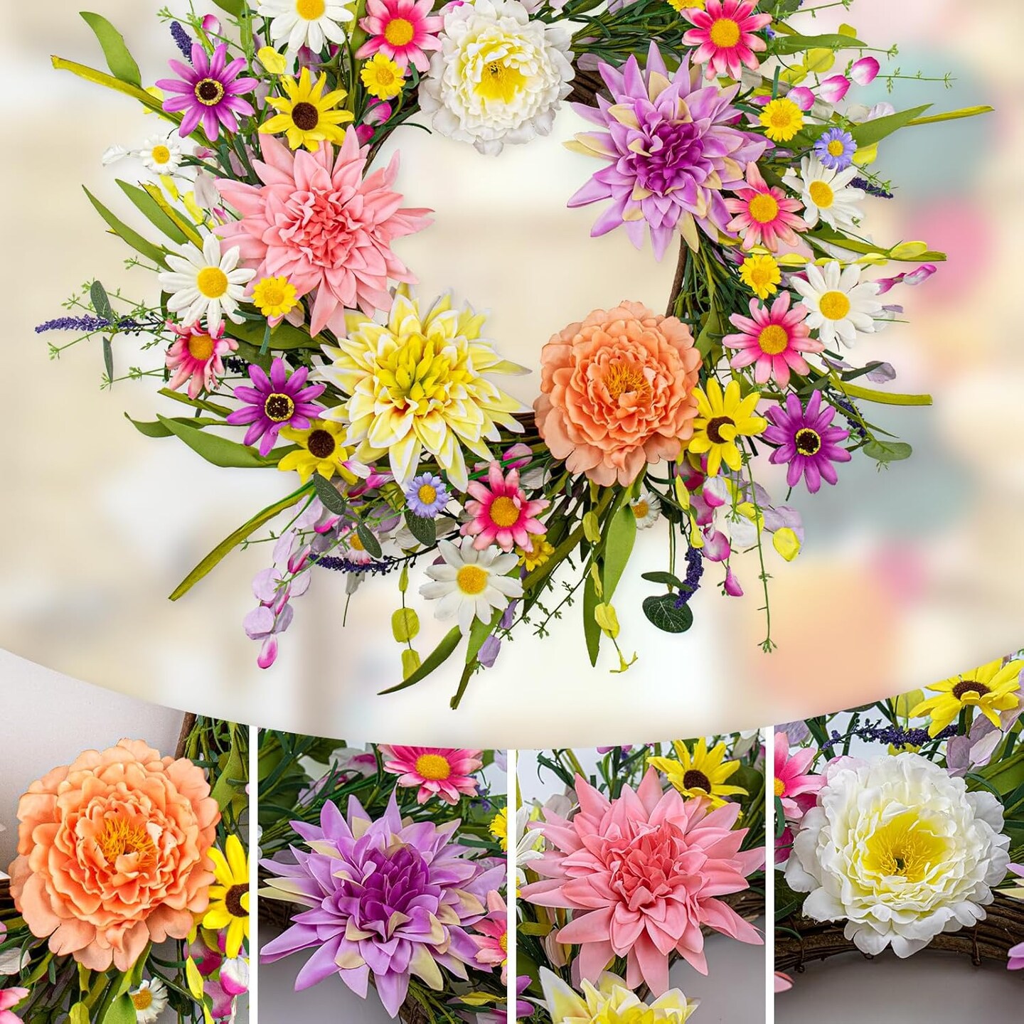 Artificial Summer Wreath 22 Inch Floral Wreaths for Front Door Summer Wreath with Dahlia Daisy Flowers for Indoor Porch Wall Holidays Easter Celebrations