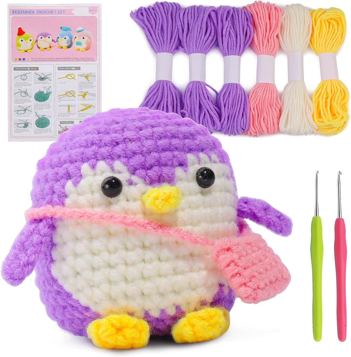 Crochet Kit for Beginners, Beginner Animal Kit, Cute Starter with Video  Tutorial, Hooks, Colored Yarns, Stitch Marker Complete Set to Make Purple 