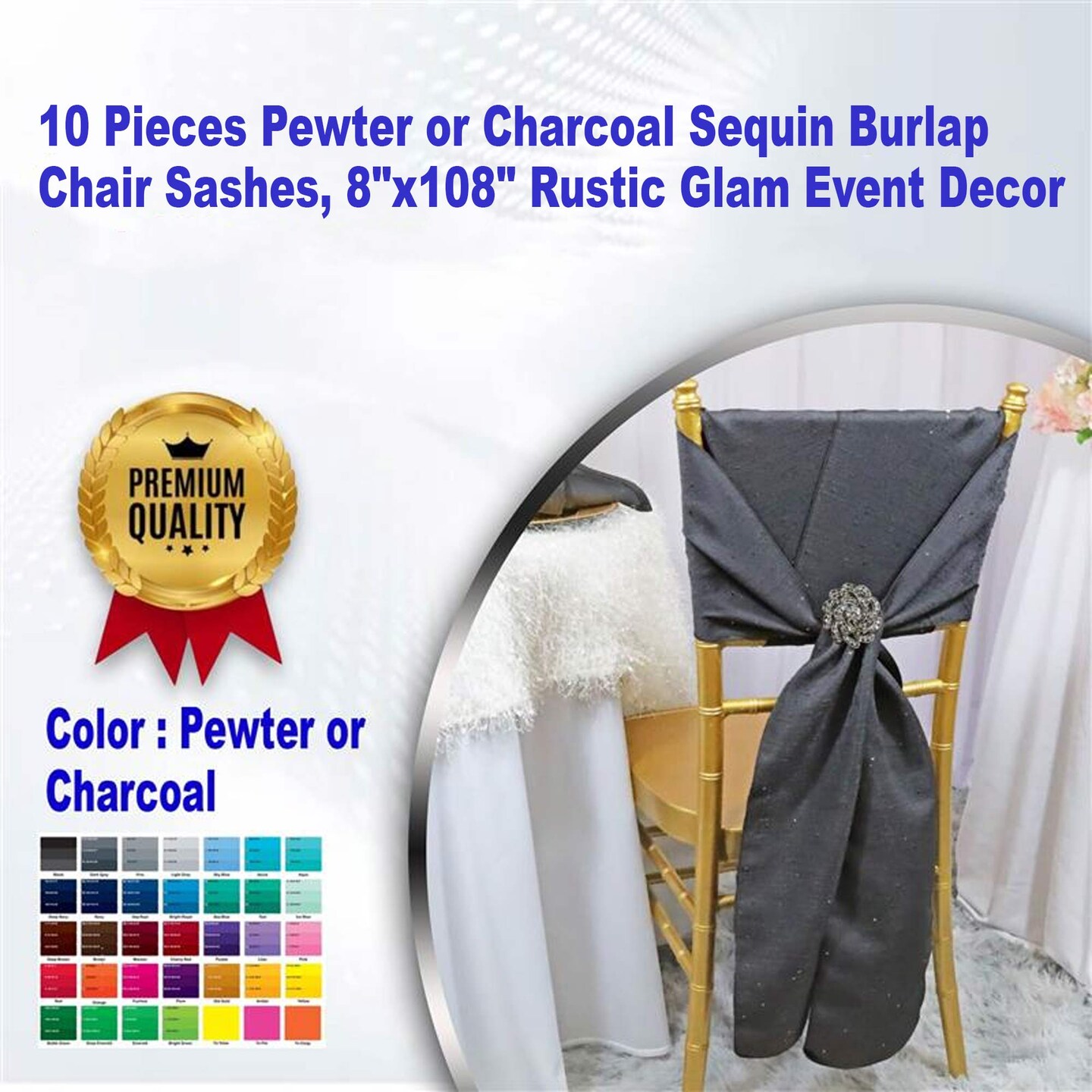10 Pieces Pewter or Charcoal Sequin Burlap Chair Sashes, 8"x108" Rustic Glam Event Decor
