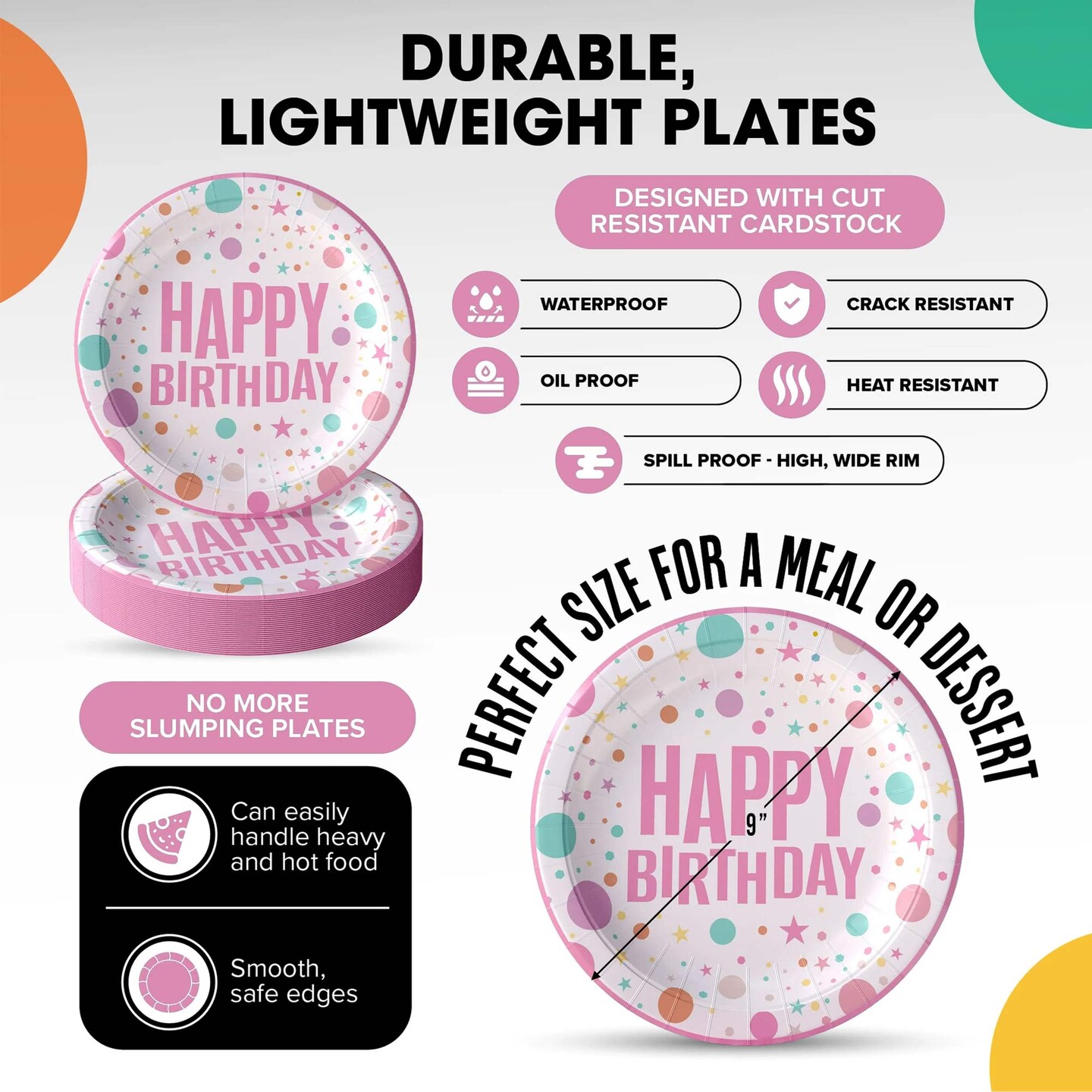 50 Count Pink Birthday Party Plates Disposable Dinnerware for Girls Baby Shower Celebration 9 Inch