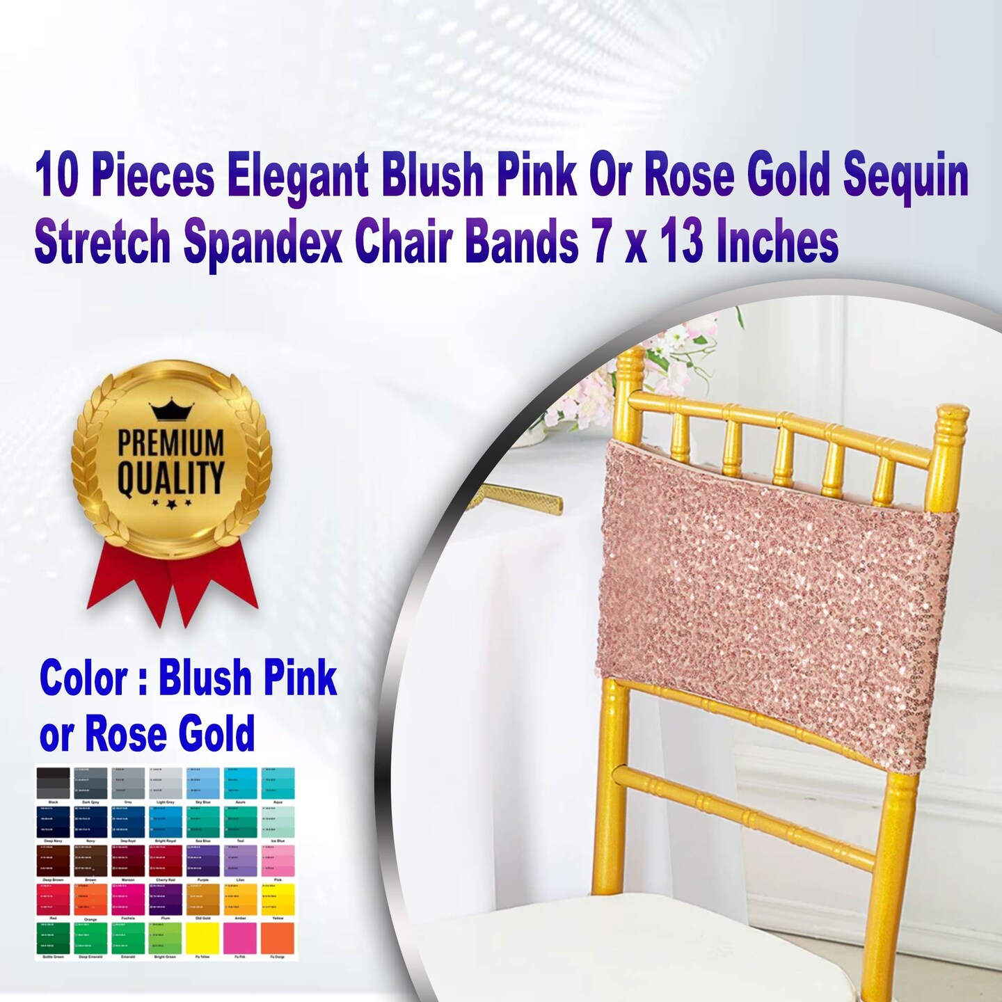 10 Pieces Elegant Blush Pink/Rose Gold Sequin Stretch Spandex Chair Bands 7 x 13 Inches