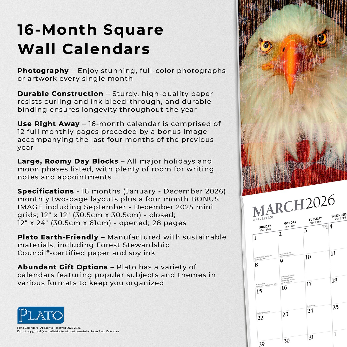 America&#x27;s Flag | 2026 12 x 24 Inch (Hanging) Monthly Square Wall Calendar | Foil Stamped Cover
