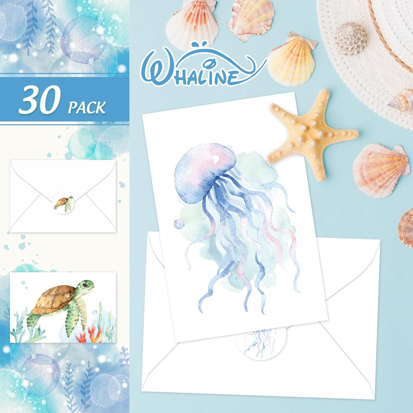 30 Pack Watercolor Ocean Greeting Cards Turtle Whale Jellyfish Stationery Cards with Envelopes Stickers Summer Sea Blank Note Cards for Party Invitation Supplies, 4 x 6 Inch
