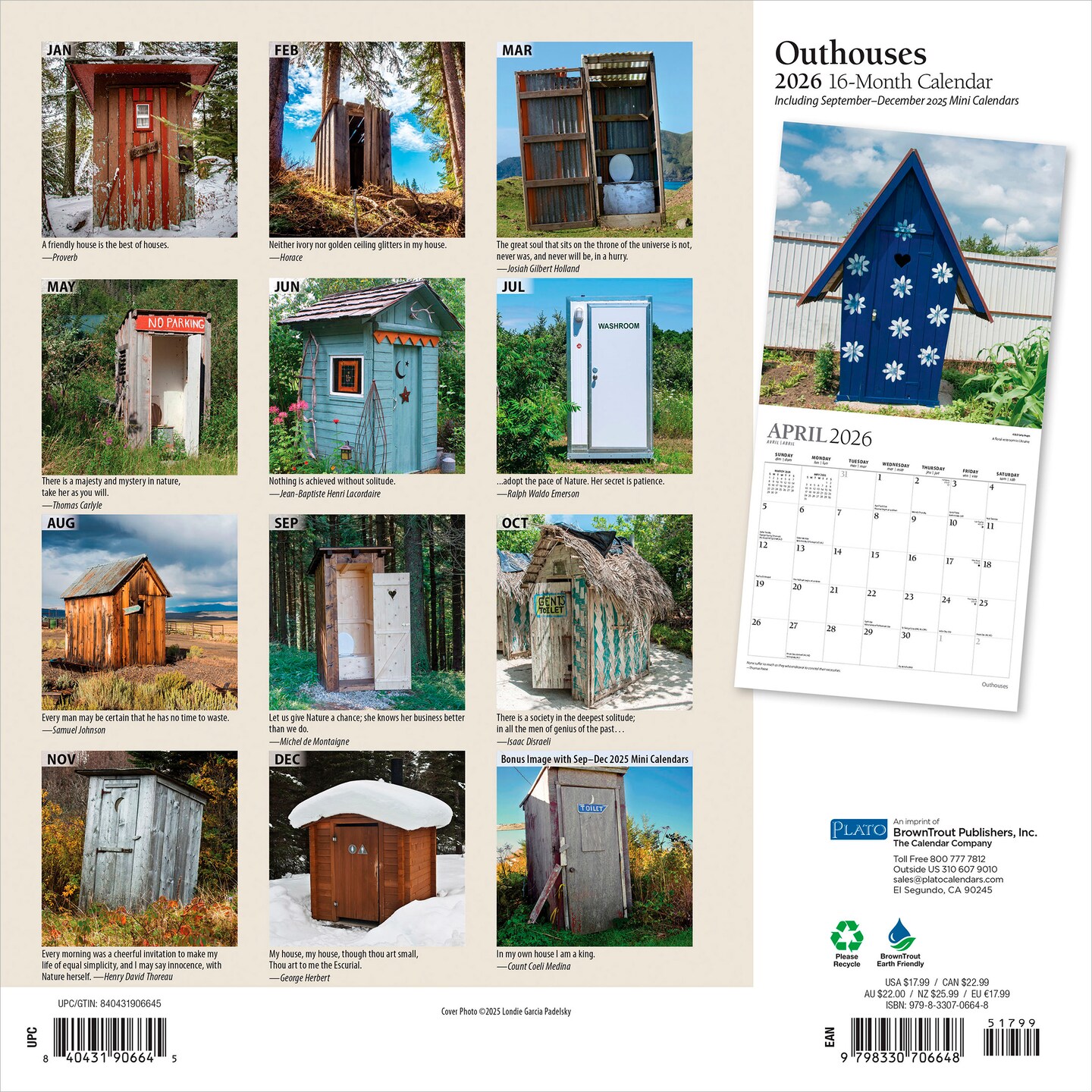 Outhouses | 2026 12 x 24 Inch (Hanging) Monthly Square Wall Calendar | Foil Stamped Cover